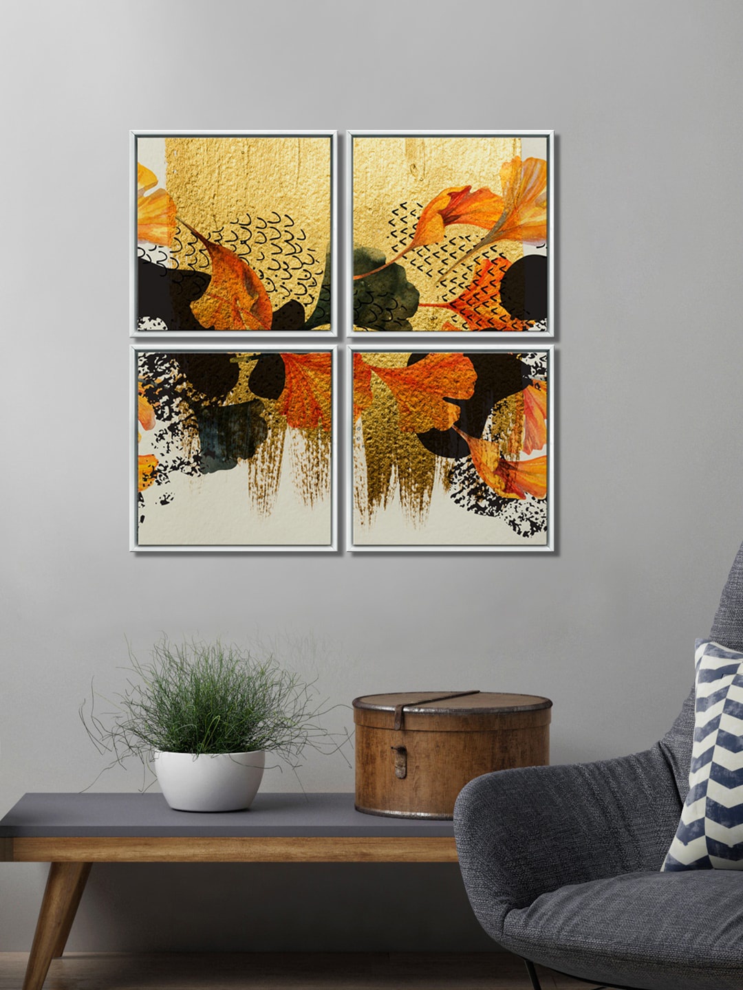 

999Store Set Of 4 Gold Coloured & Yelow Abstract Canvas Painting Wall Art