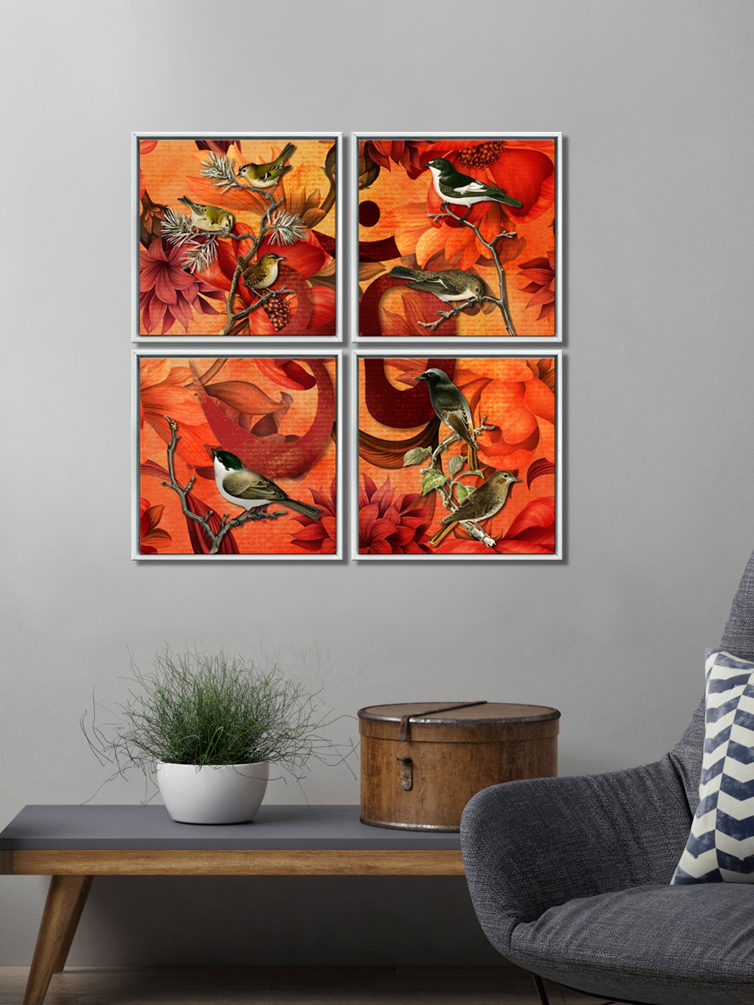 

999Store Set Of 4 Orange Birds Sitting On The Stems Canvas Wall Art