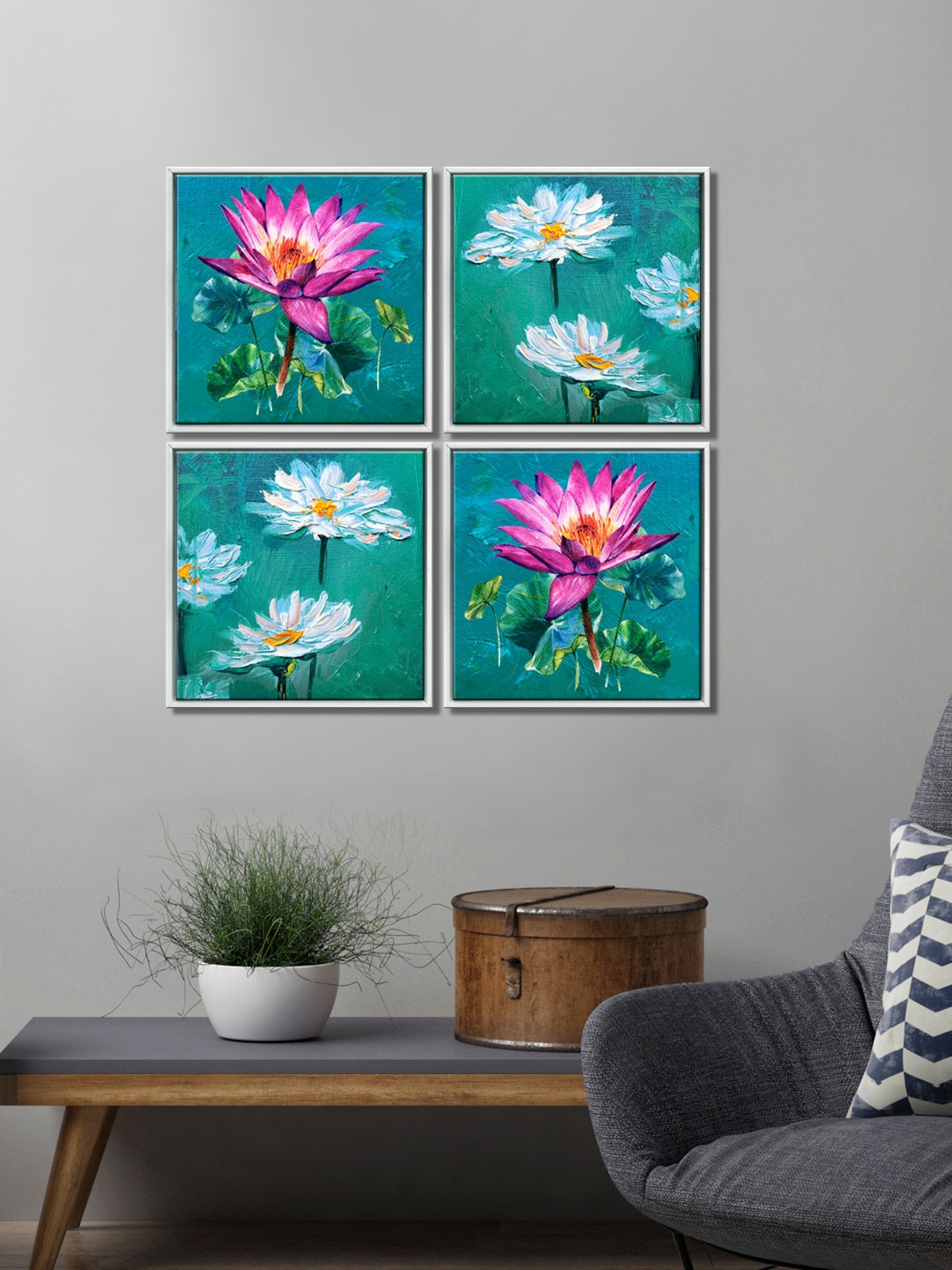 

999Store Set Of 4 Green & Pink Colourful Flowers Printed Canvas Wall Painting