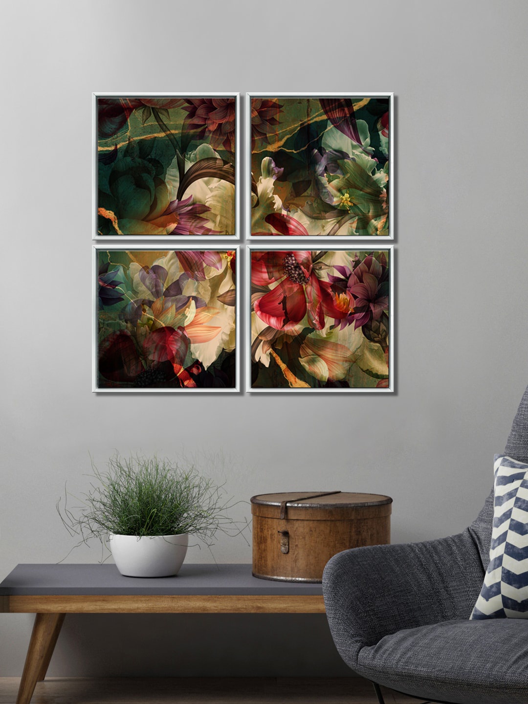 

999Store Set Of 4 Green & Maroon Floral Printed Canvas Wall Painting