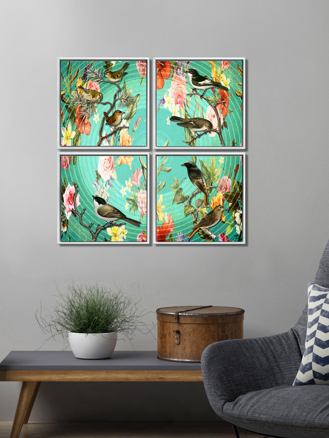 

999Store Set Of 4 Green & Orange Birds & Flower Canvas Wall Painting