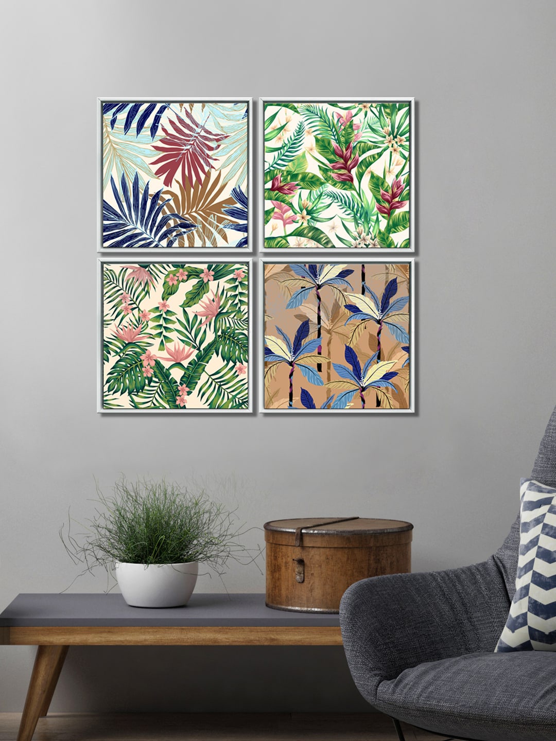 

999Store Set Of 4 Multi-Coloured Leaves With Flower Canvas Wall Art