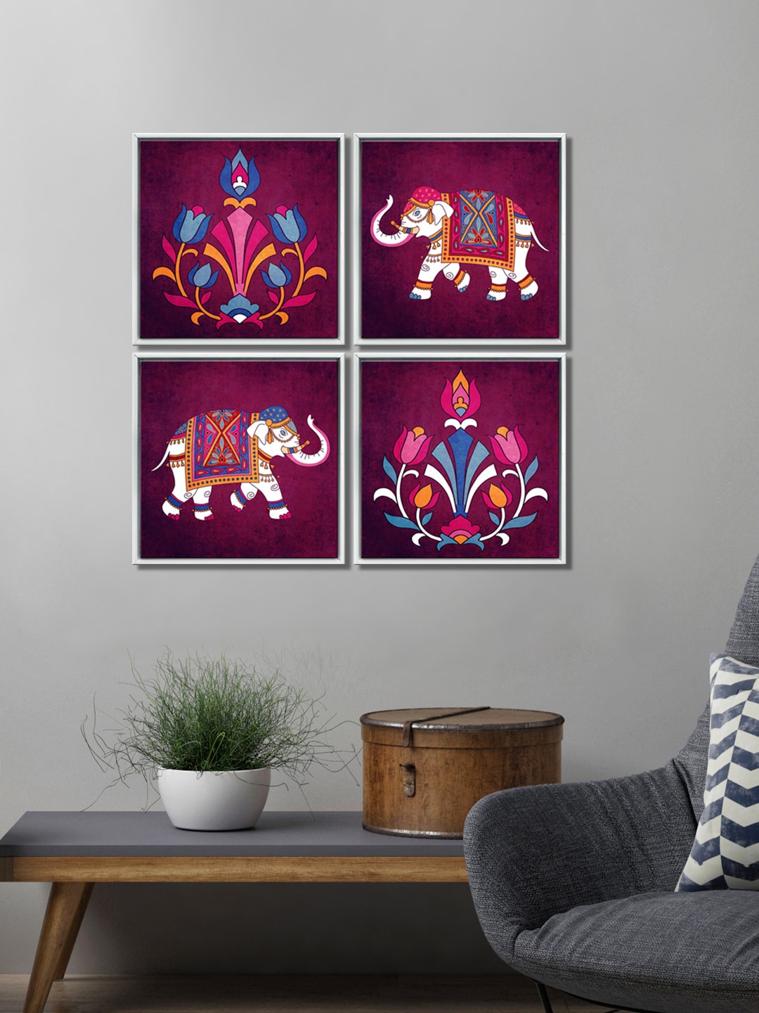 

999Store Magenta Set Of 4 Elephants Flowers Wall Art