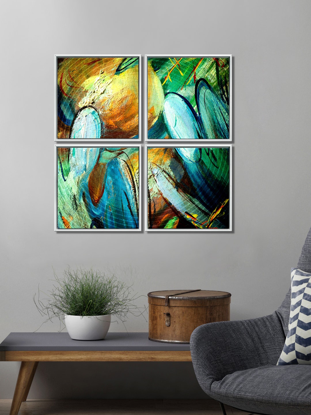 

999Store Set Of 4 Blue & Yellow Abstract Chakra Art Canvas Painting Wall Art