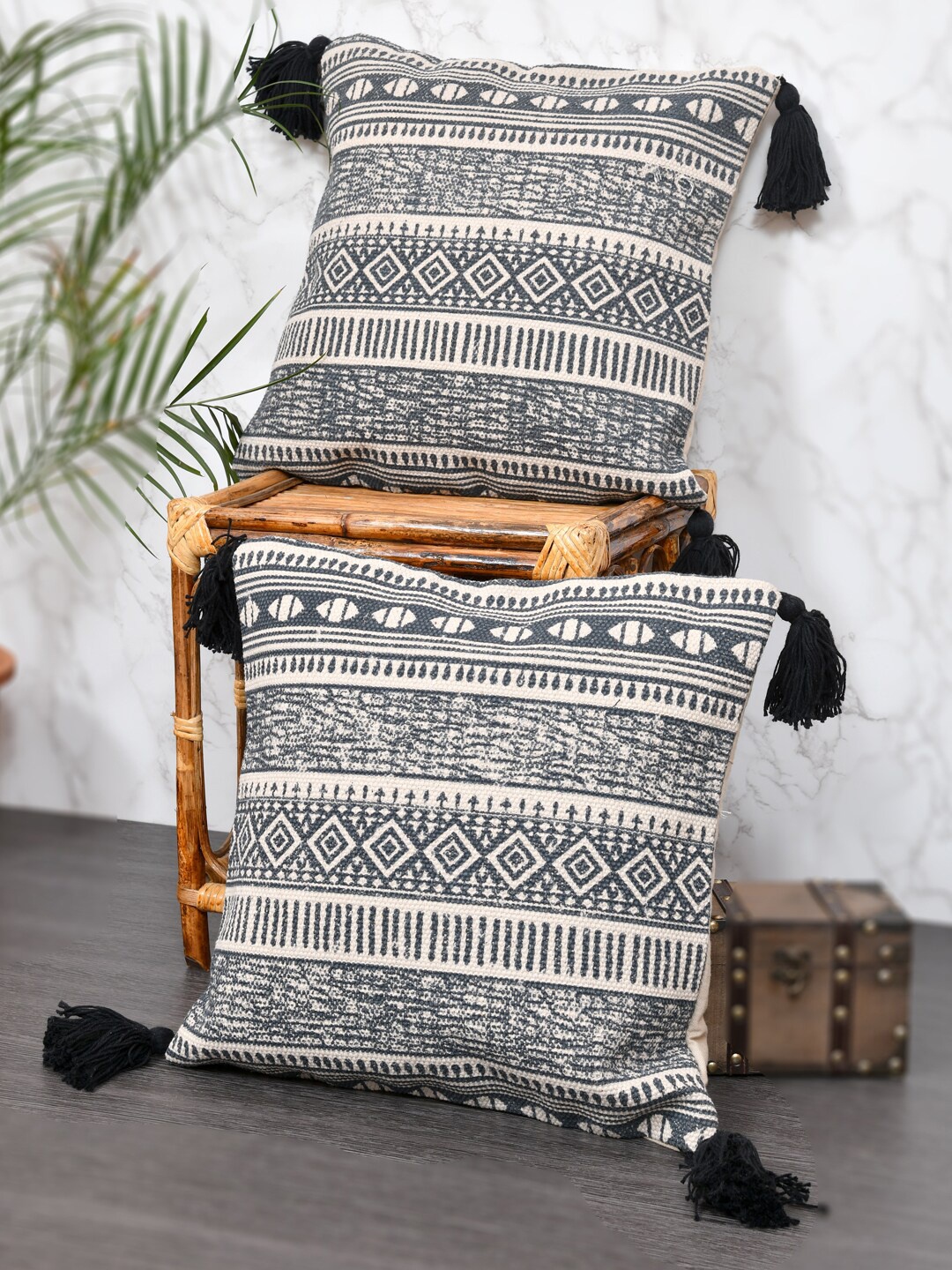 

Gulaab Jaipur Black & Cream-Coloured Set of 2 Embellished Square Cushion Covers