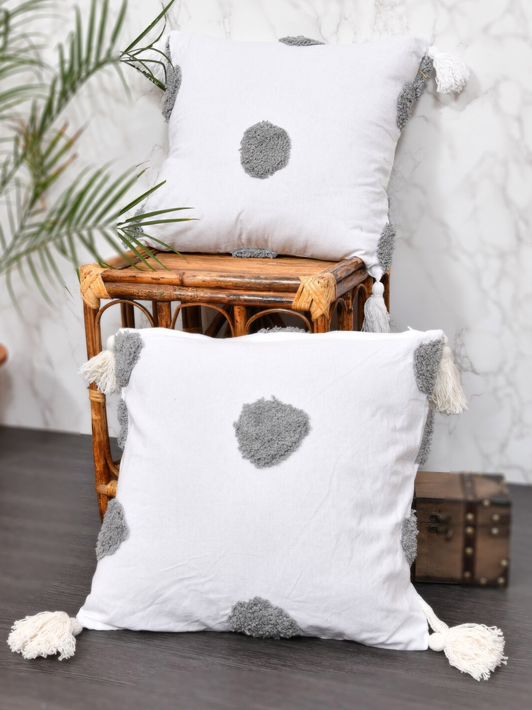 

Gulaab Jaipur White & Grey Set of 2 Embellished Square Cushion Covers