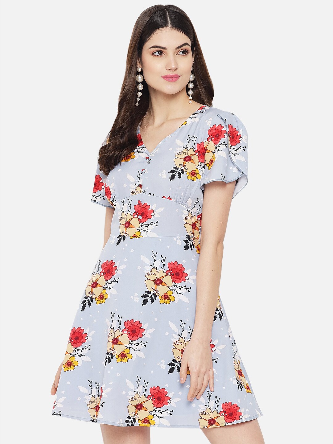 

Yaadleen Grey & Red Floral Tulip Sleeves Fit & Flare Dress