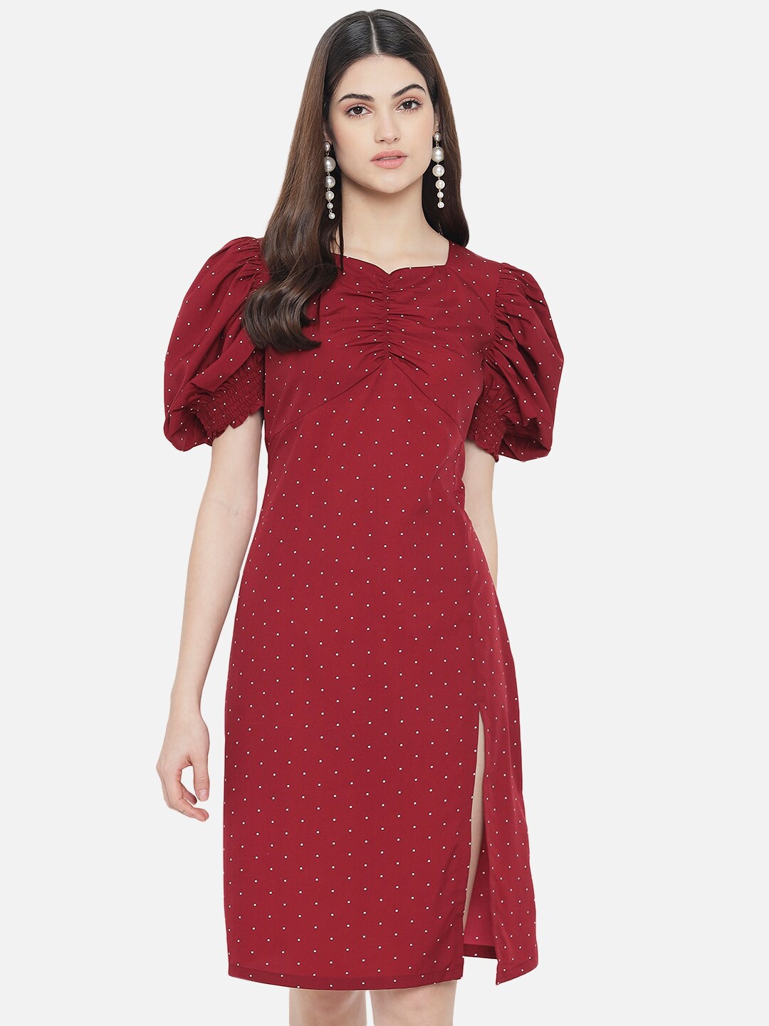 

Yaadleen Women Maroon Polka Dot Printed Sheath Dress