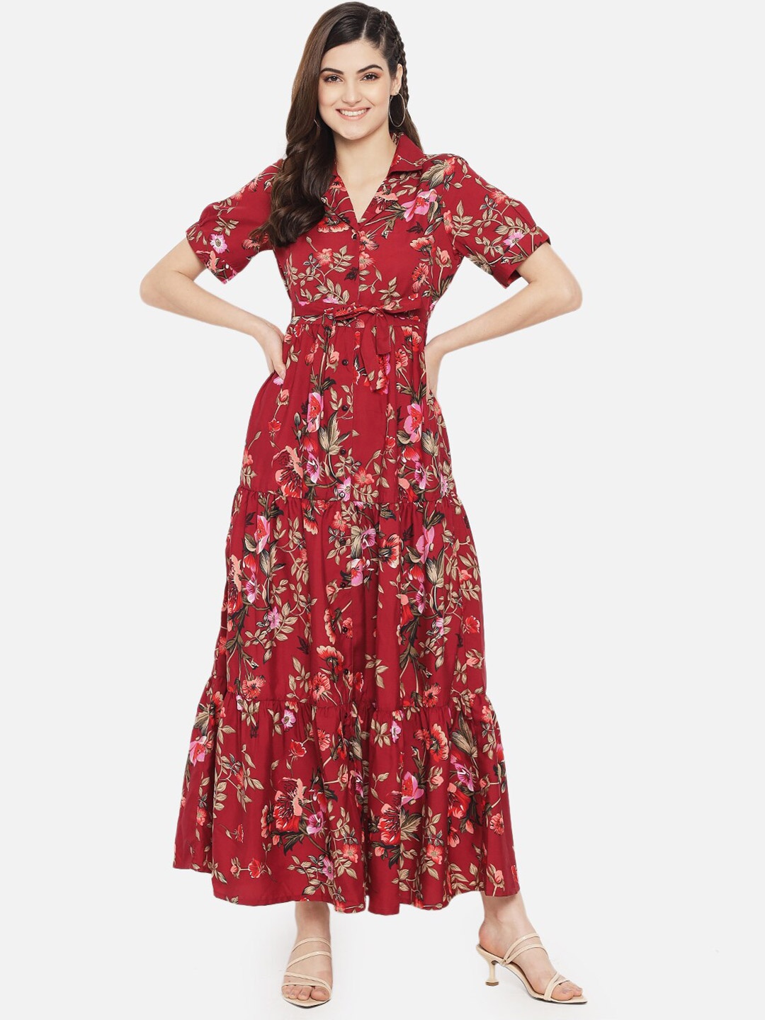 

Yaadleen Maroon & Pink Floral Printed Maxi Dress