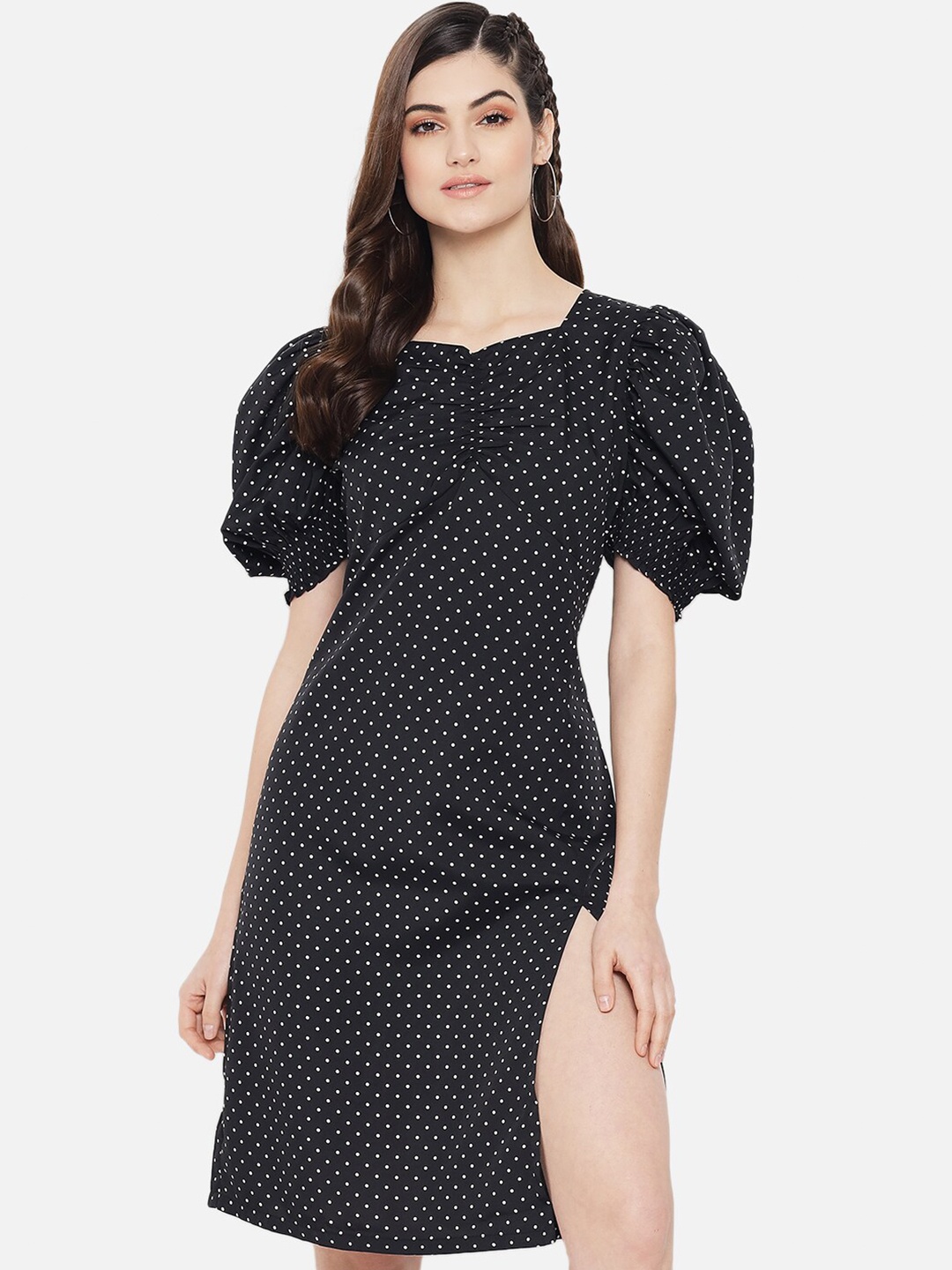 

Yaadleen Black & White Polka Dot Printed Georgette Sheath Dress