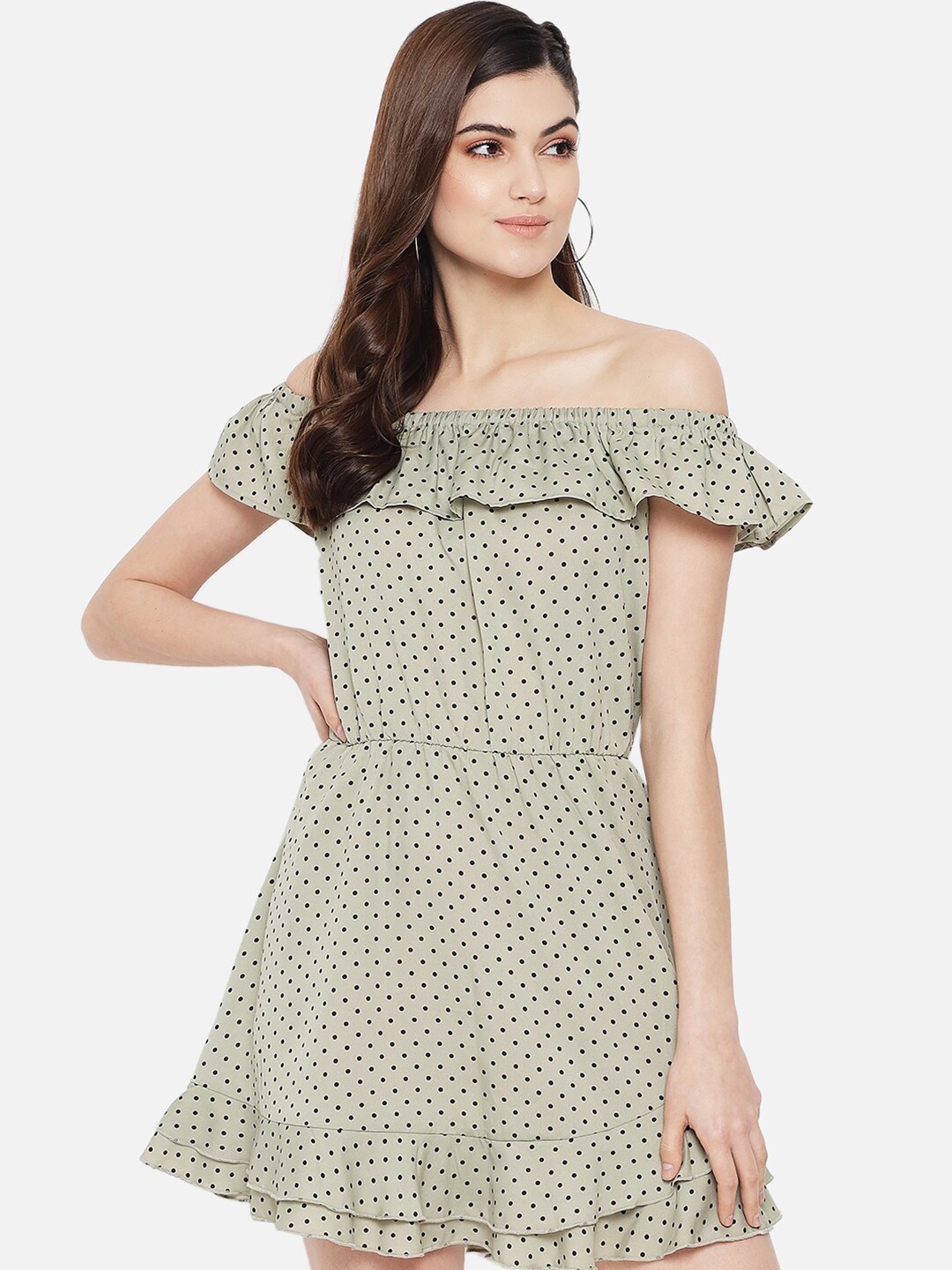 

Yaadleen Women Green Off-Shoulder Polka Dot Printed Dress