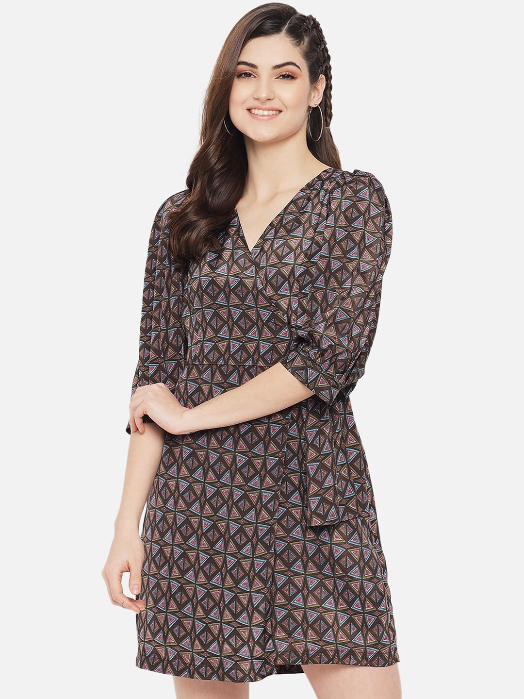 

Yaadleen Women Green Geometric Printed Mini Wrap Dress