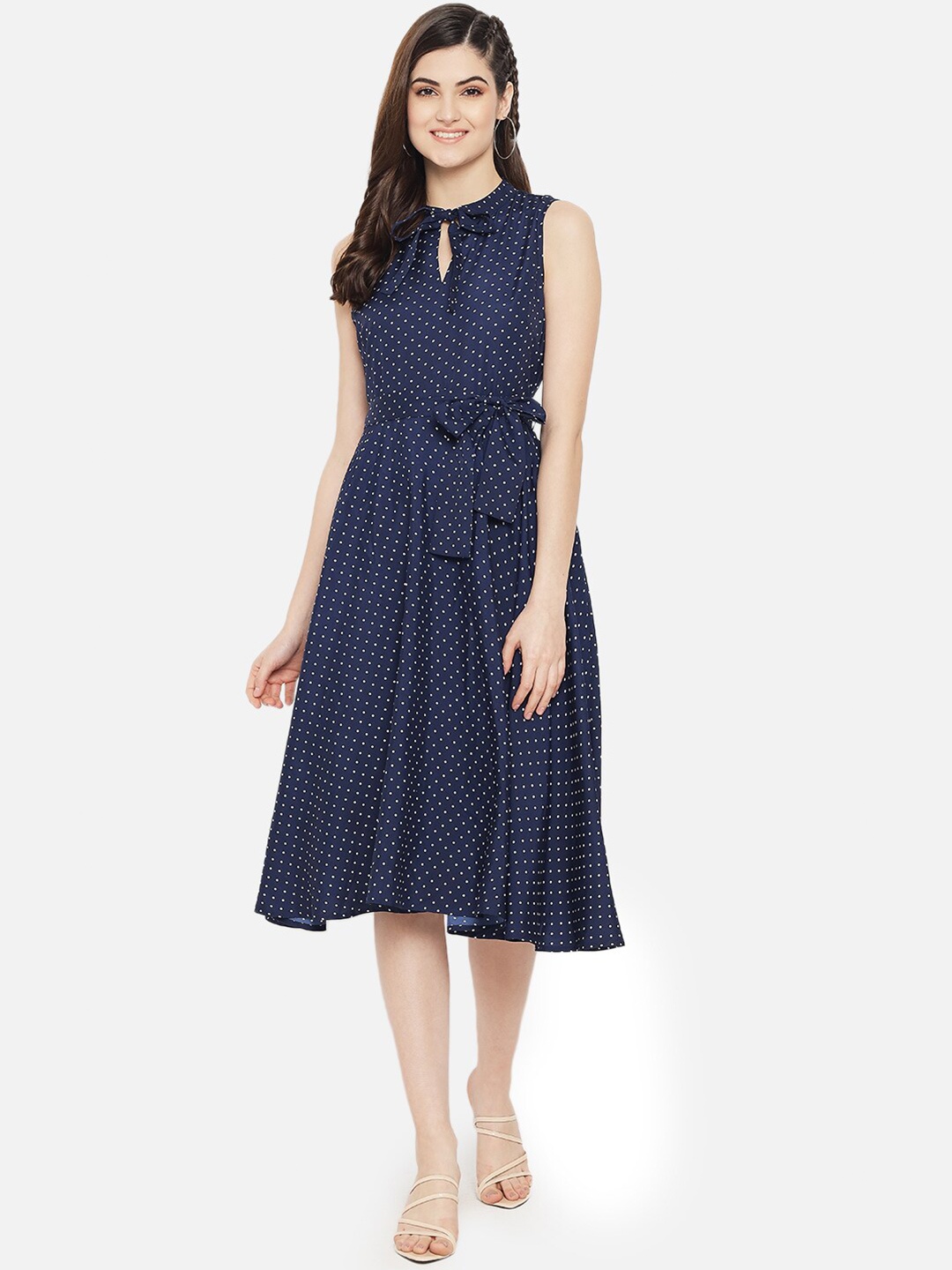 

Yaadleen Navy Blue Polka Dot Printed Keyhole Neck Crepe Midi Dress