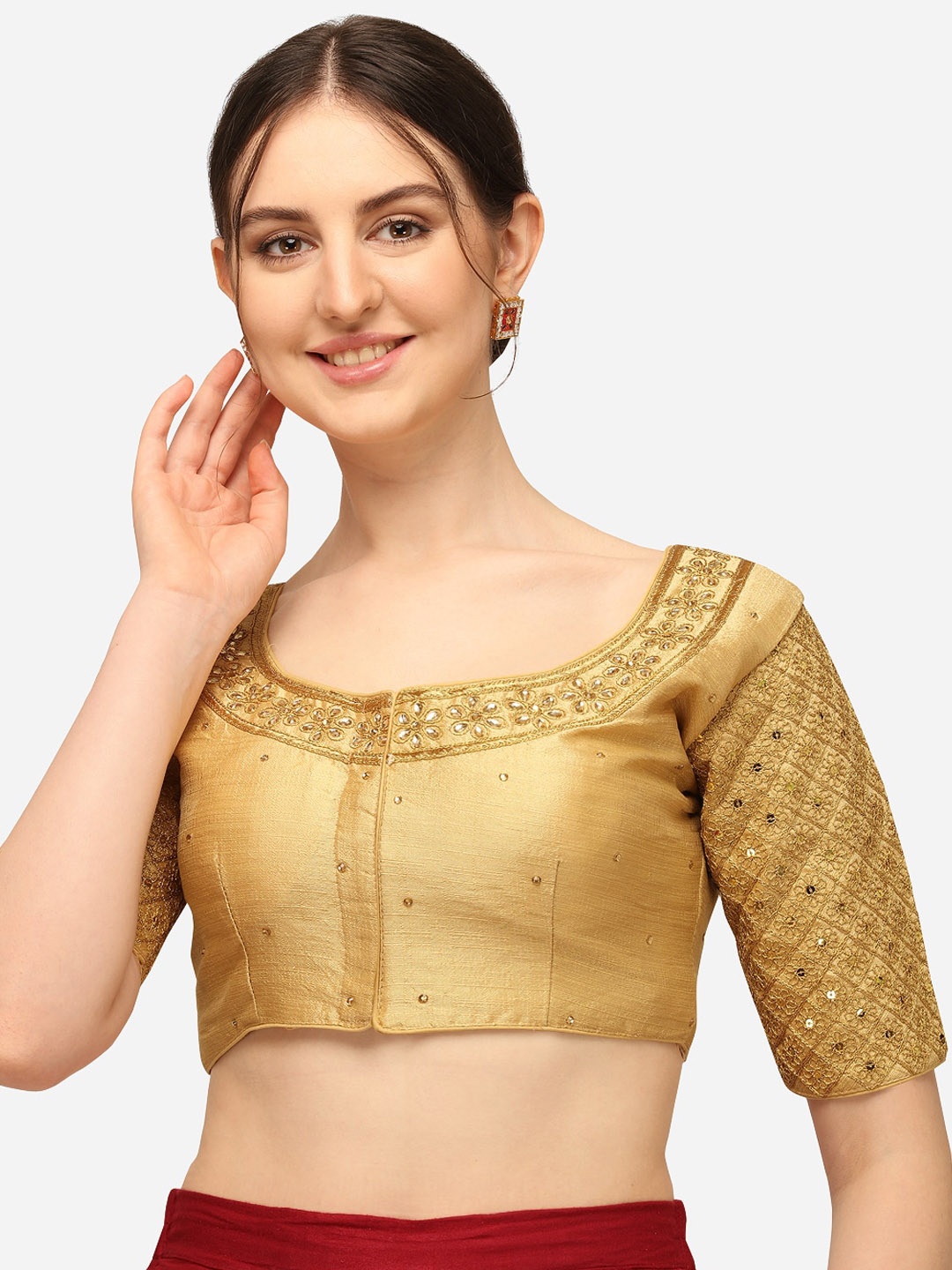 

Mesmore Women Beige Embroidered Silk Saree Blouse