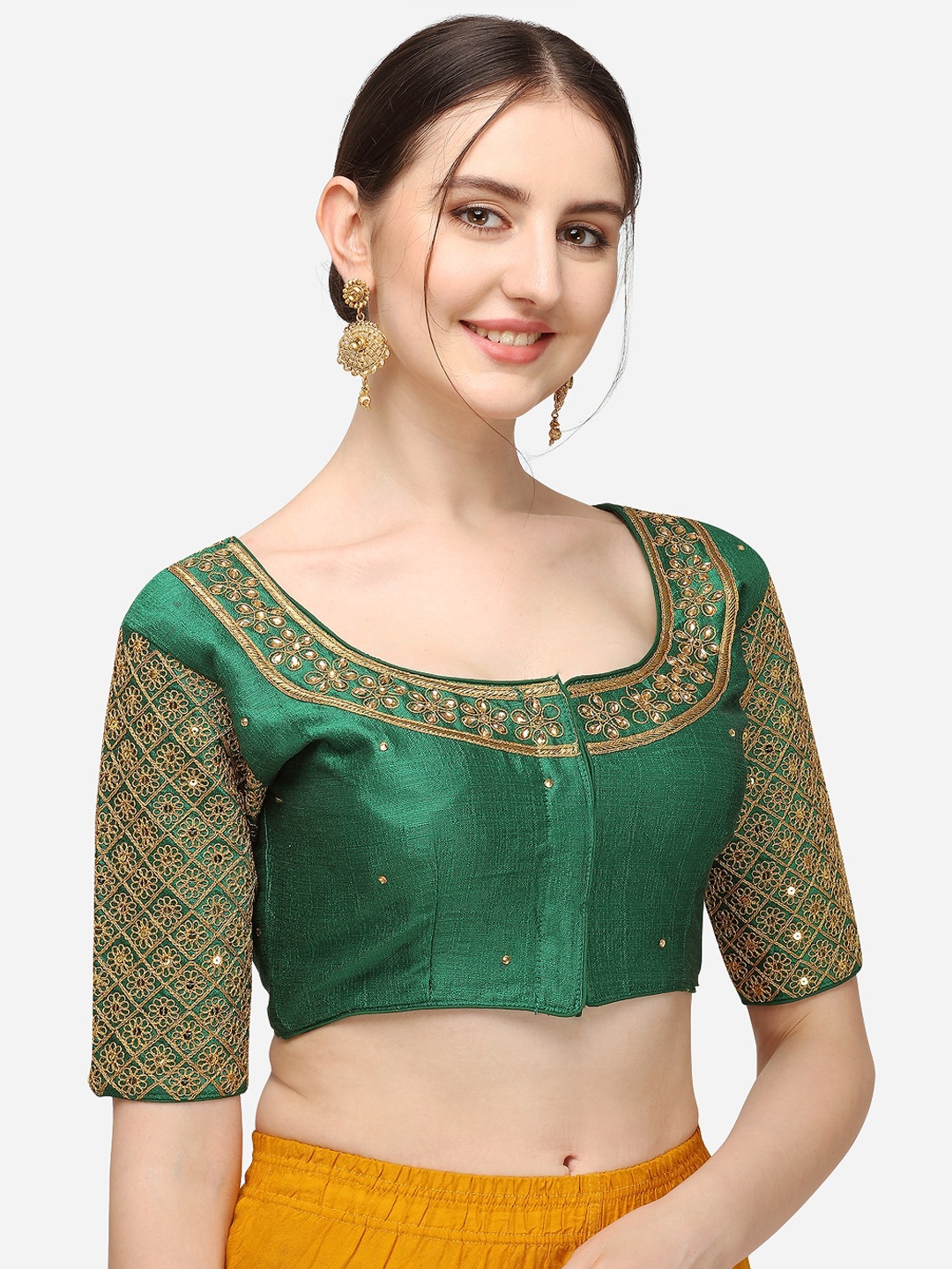 

Mesmore Green & Gold-Coloured Embroidered Silk Saree Blouse