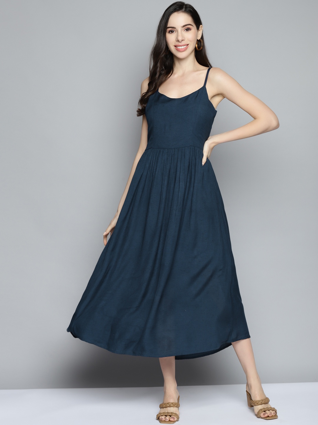 

SCOUP Navy Blue Solid A-Line Midi Dress