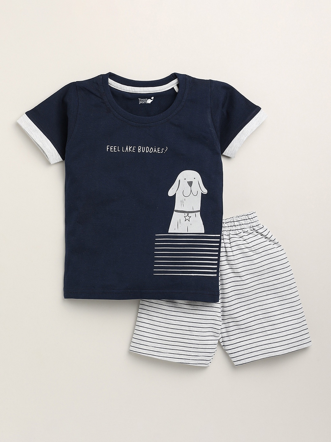 

Toonyport Kids Navy Blue & White Printed Pure Cotton T-shirt with Shorts