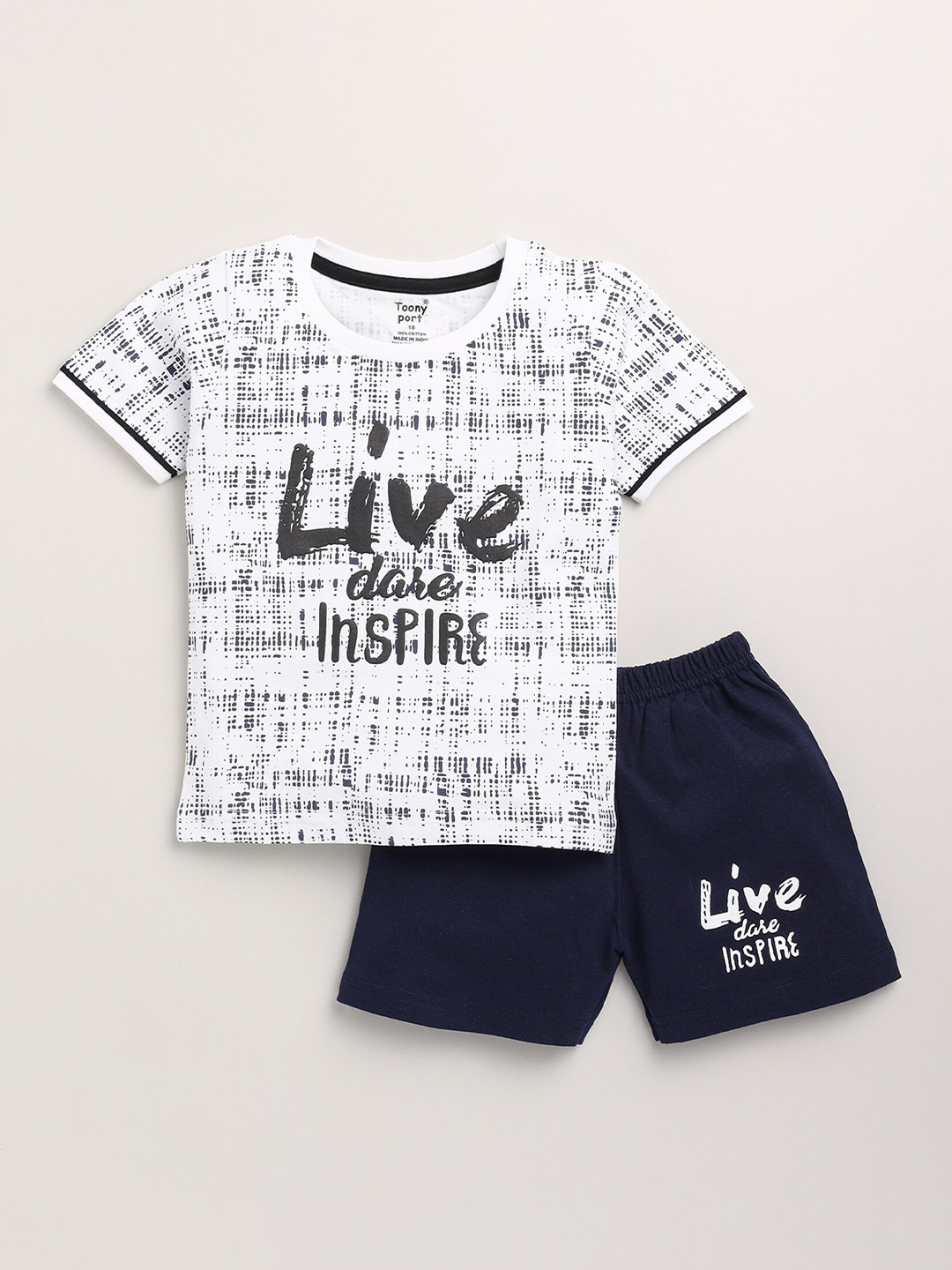 

Toonyport Kids White & Navy Blue Typography Printed Pure Cotton T-shirt with Shorts