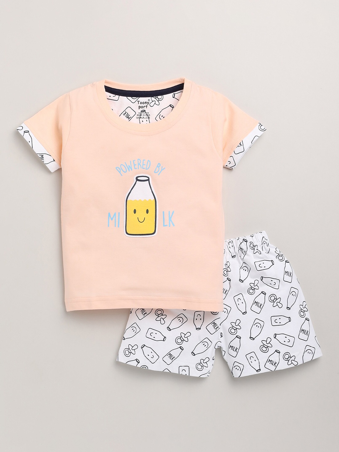 

Toonyport Kids Peach & White Printed Pure Cotton T-shirt with Shorts