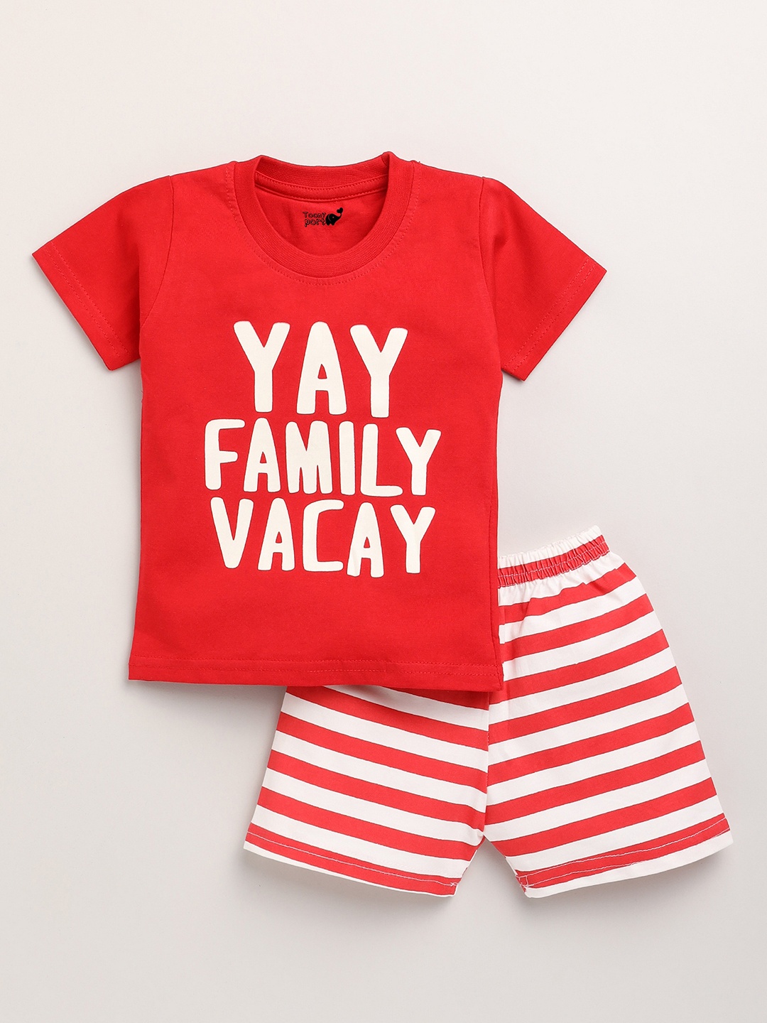 

Toonyport Unisex Kids Red Printed Cotton T-shirt with Shorts