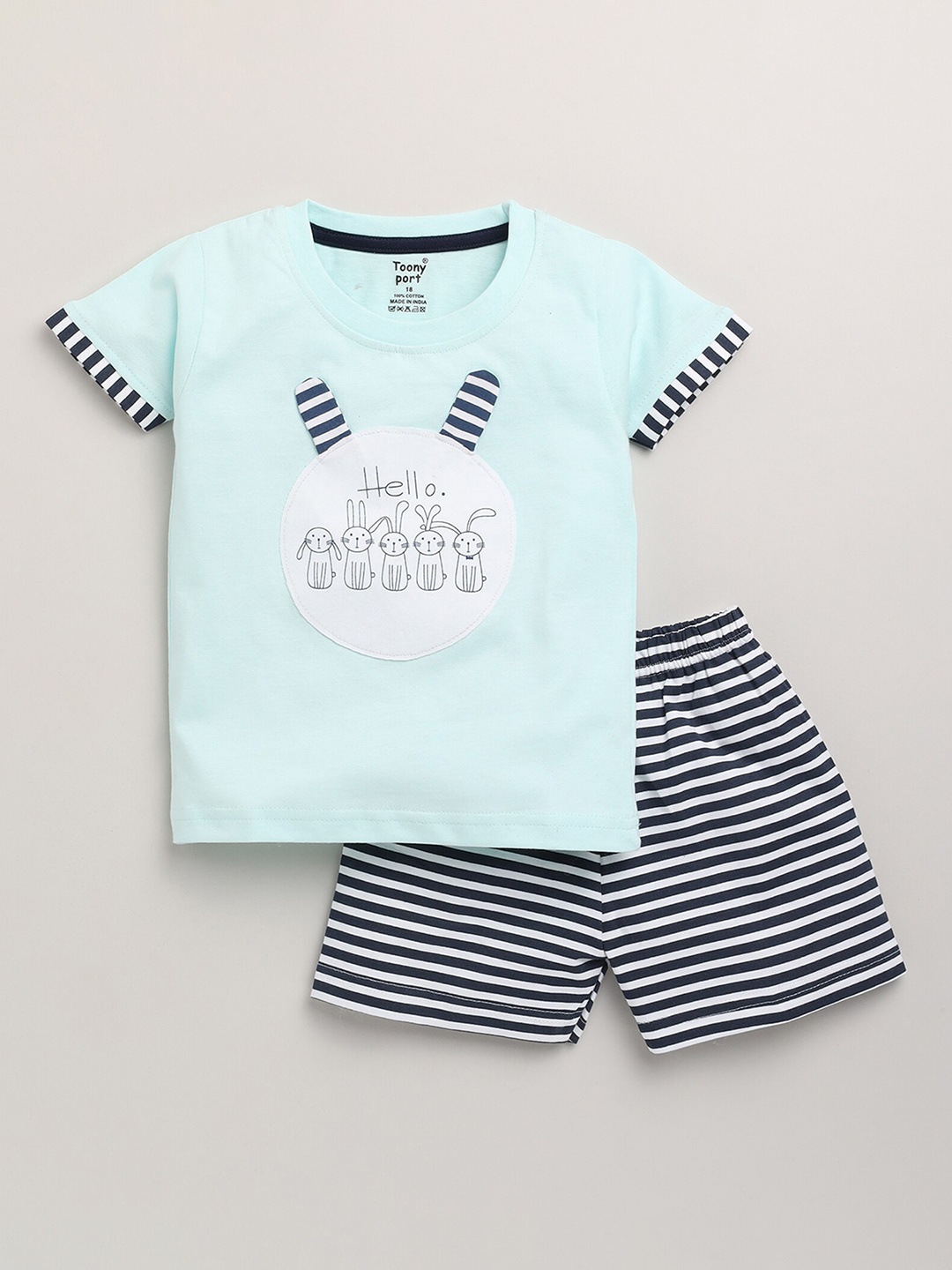 

Toonyport Kids Turquoise Blue & White Printed Pure Cotton T-shirt with Shorts