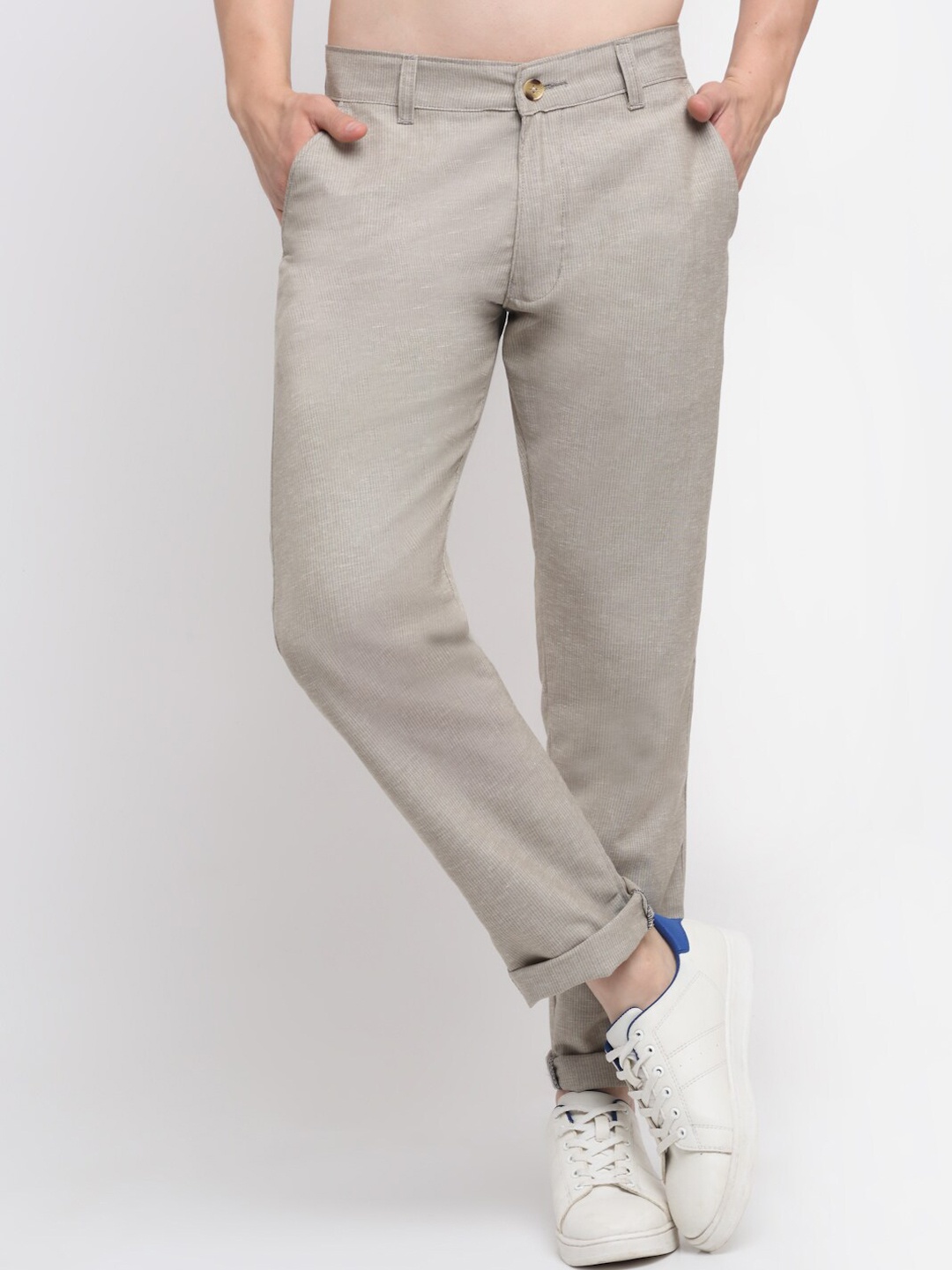 

Ennoble Men Khaki Striped Smart Slim Fit Easy Wash Cotton Chinos Trousers