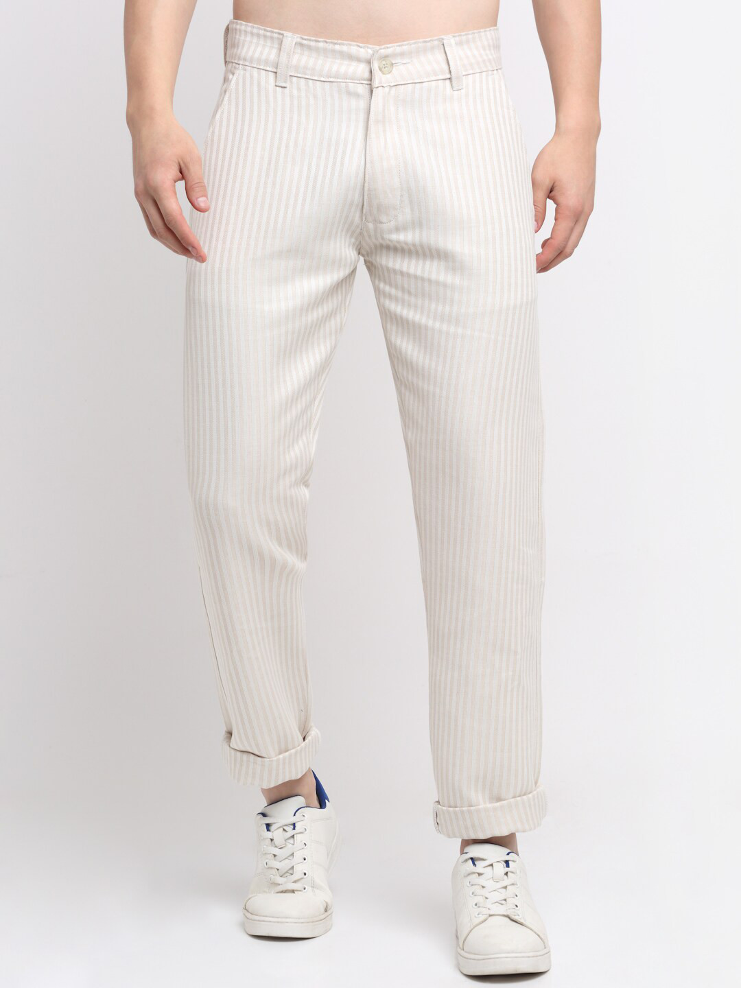 

Ennoble Men Beige Striped Smart Slim Fit Easy Wash Chinos Trousers