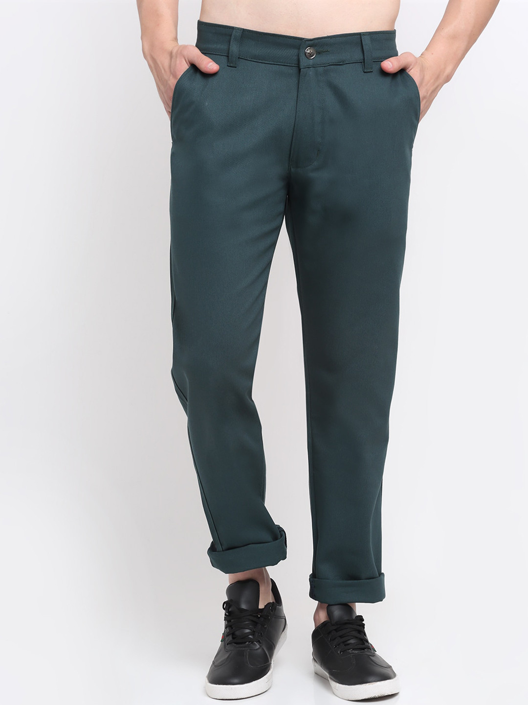

Ennoble Men Green Smart Slim Fit Easy Wash Cotton Chinos Trousers