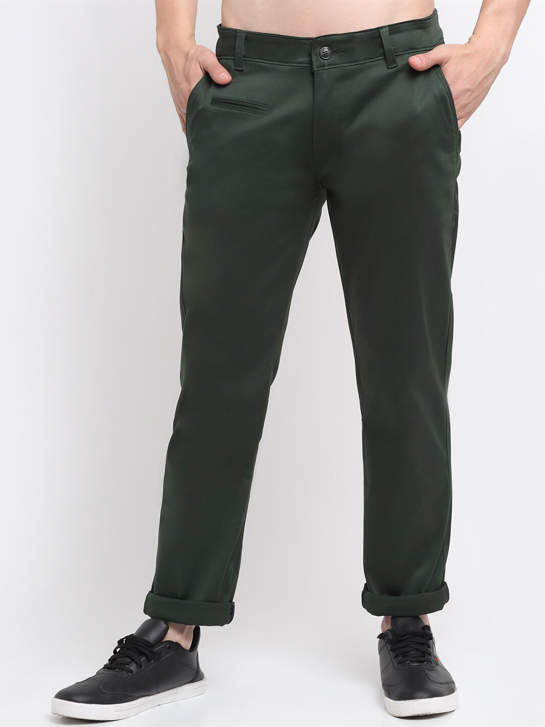 

Ennoble Men Green Smart Slim Fit Easy Wash Cotton Chinos Trousers