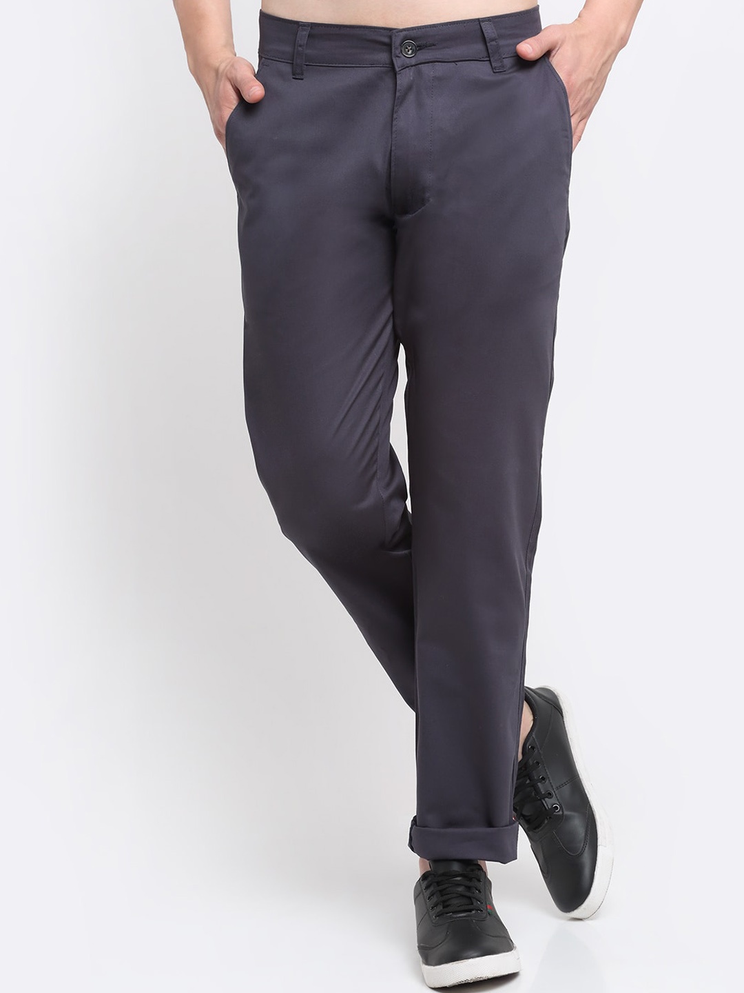 

Ennoble Men Grey Solid Smart Slim Fit Easy Wash Cotton Chinos Trousers