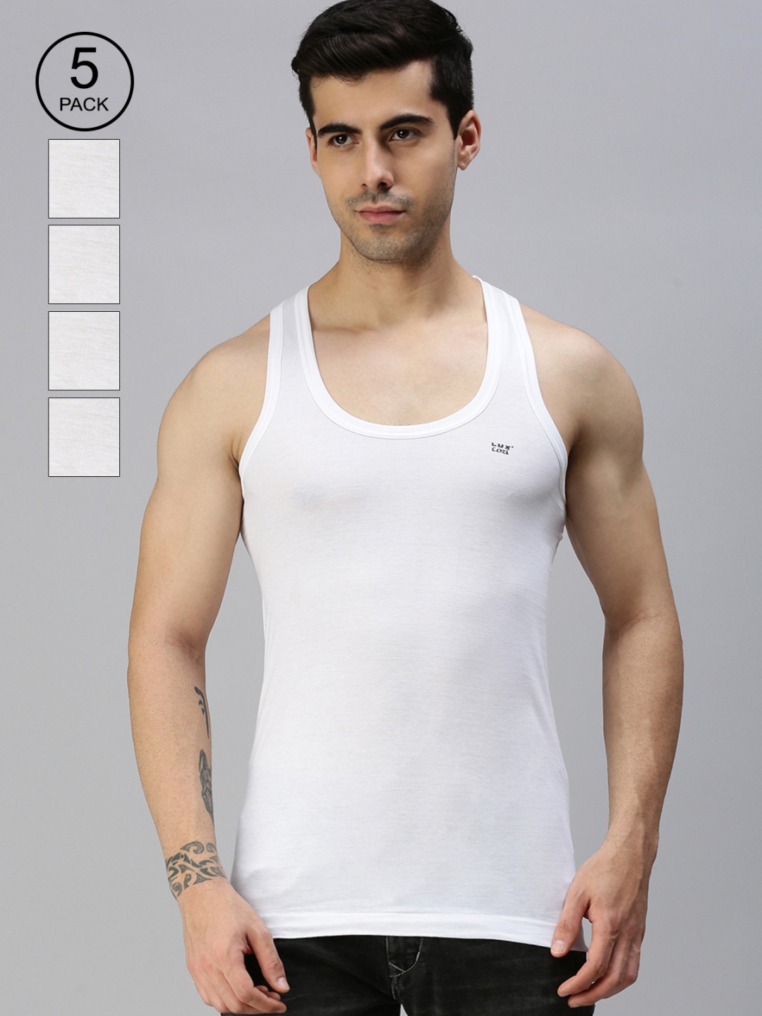 

Lux Cozi Men Pack Of 5 Solid Pure Cotton Innerwear Undershirt Vests, White