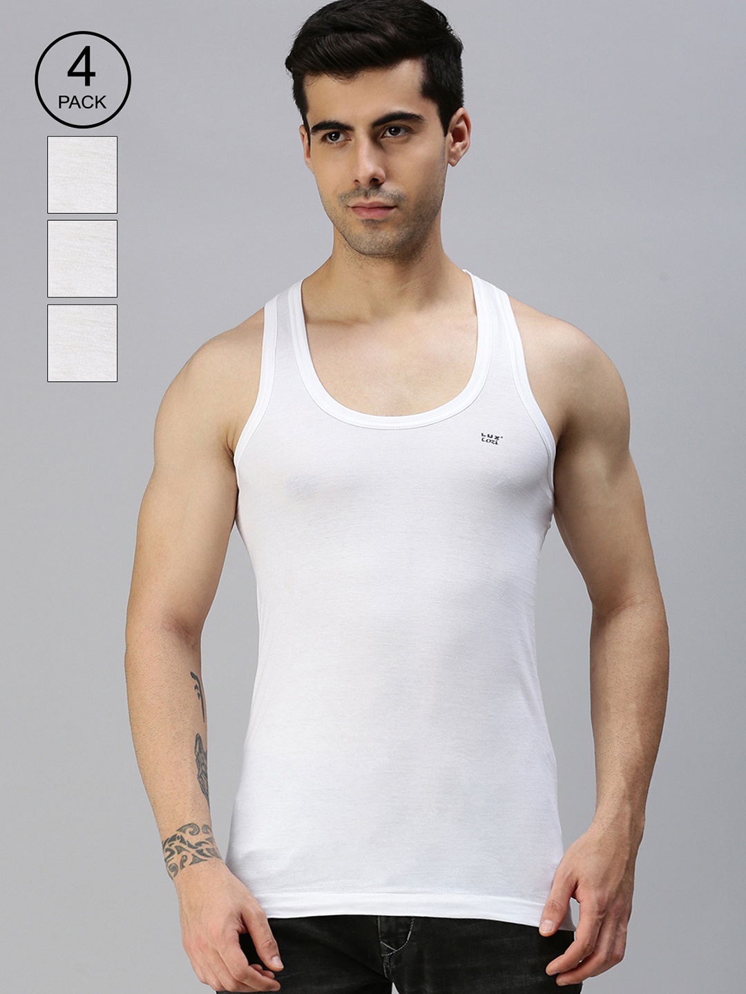 

Lux Cozi Men Pack Of 4 Solid Pure Cotton Innerwear Undershirt Vests, White