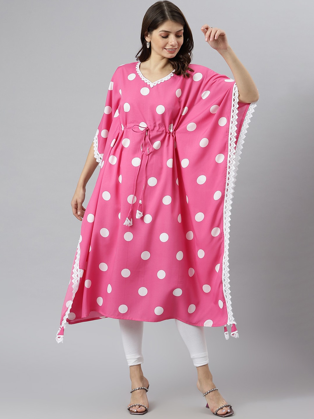 

KALINI Women Pink & White Polka Dot Printed Crepe Kaftan Kurta