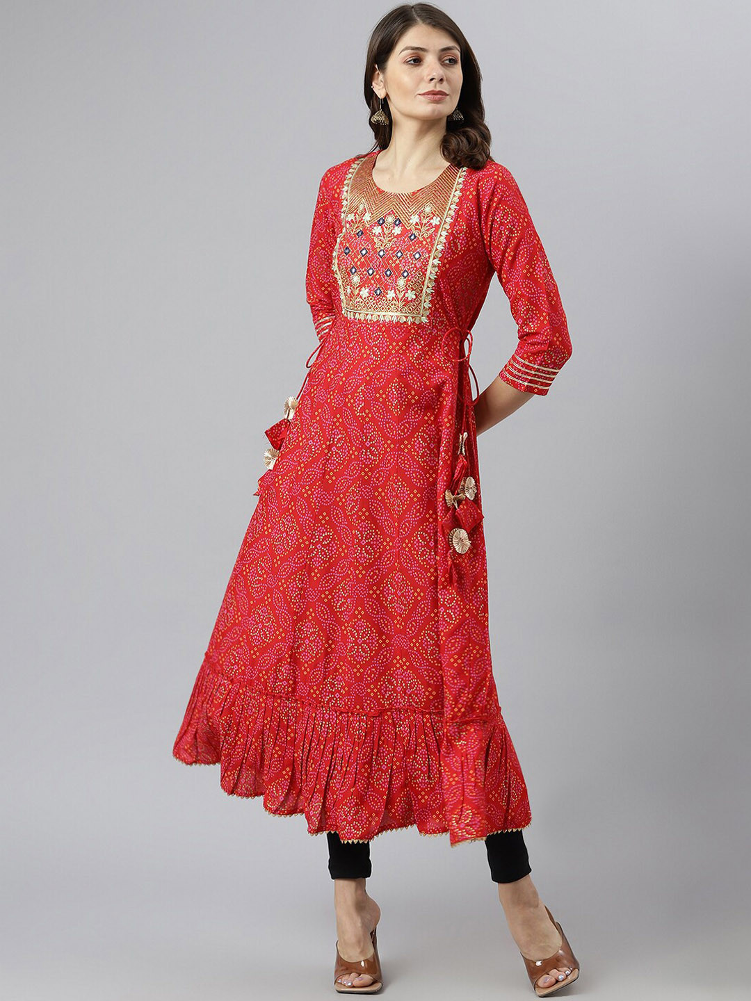 

KALINI Women Floral Printed Mirror Work Anarkali Kurta, Red