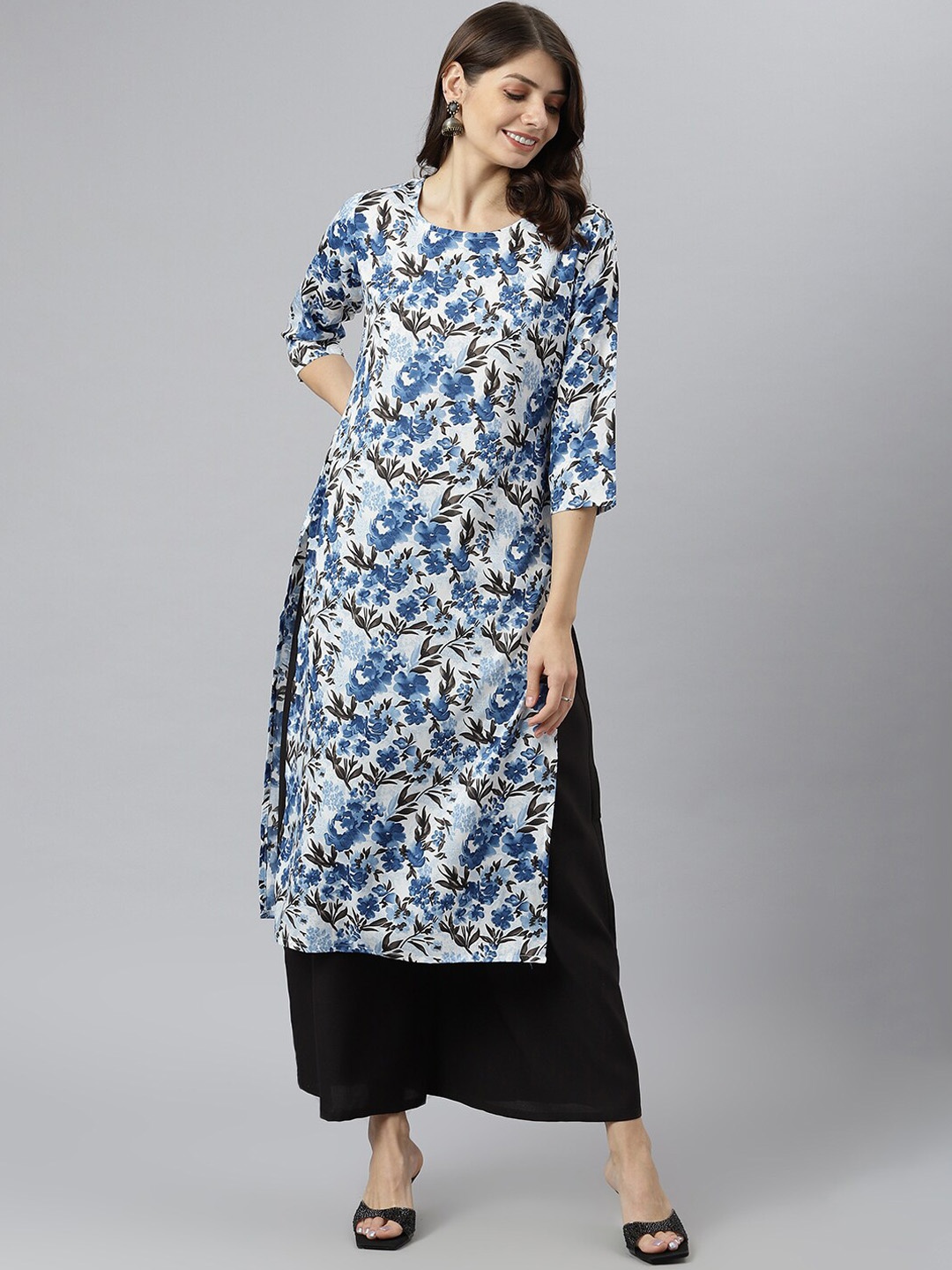 

KALINI Women Blue & White Floral Printed Crepe Kurta