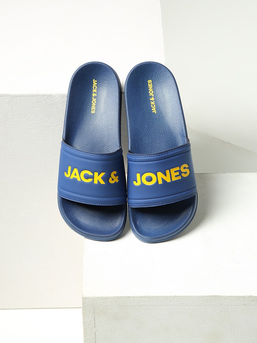 

Jack & Jones Men Navy Blue & Yellow Printed Sliders