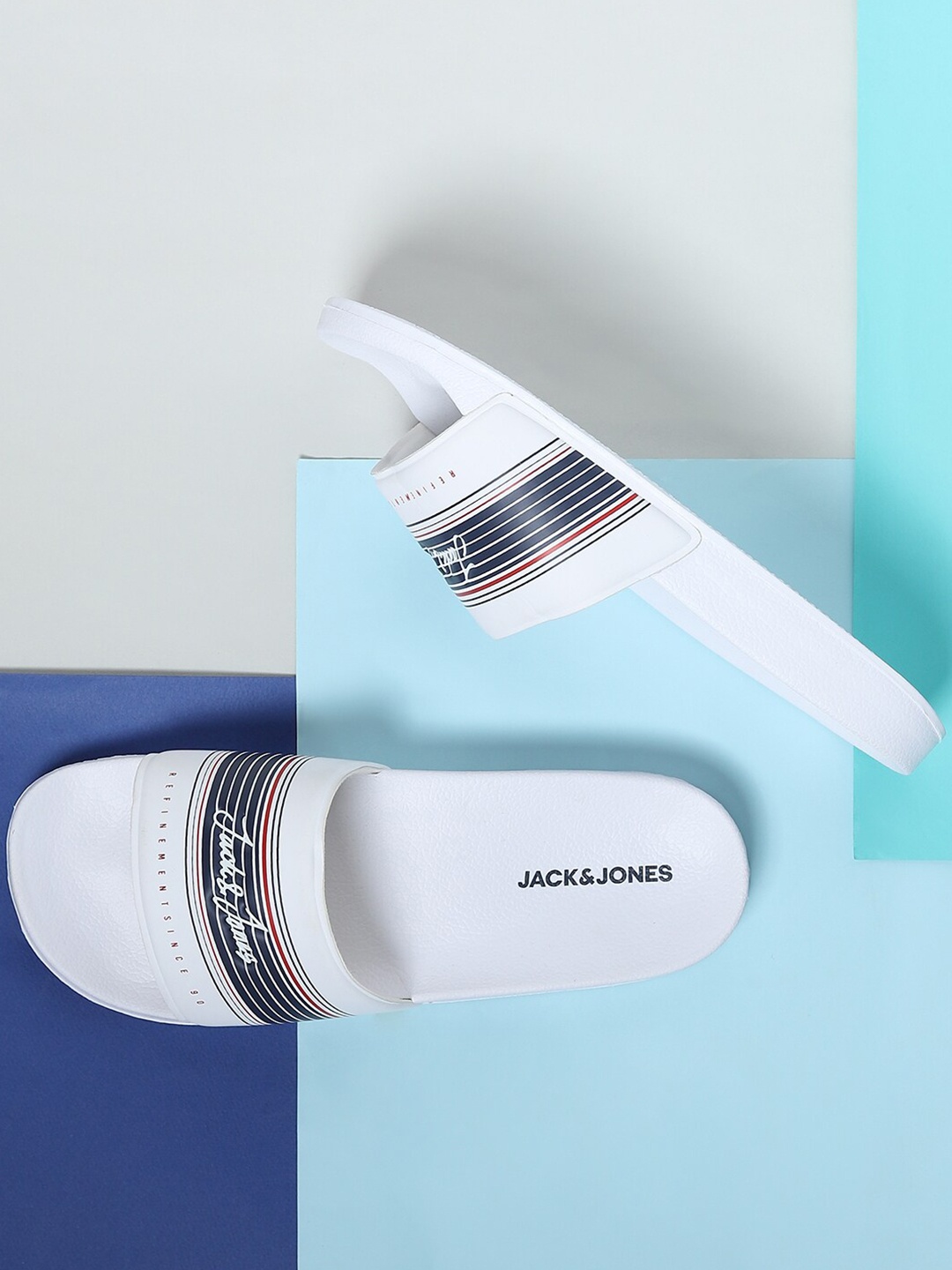 

Jack & Jones Men White & Navy Blue Printed Sliders