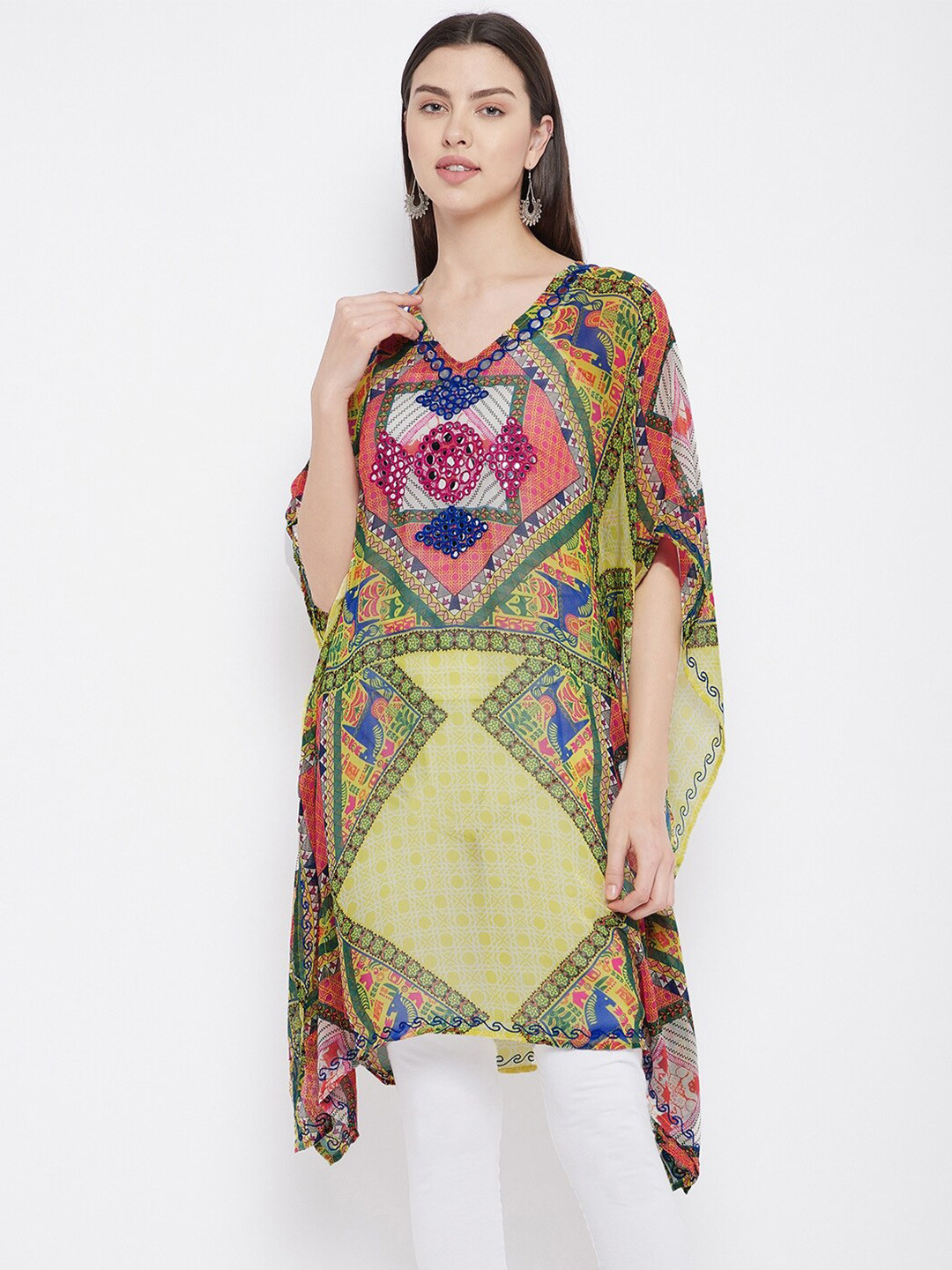 

Ruhaans Women Yellow Printed Kaftan Top