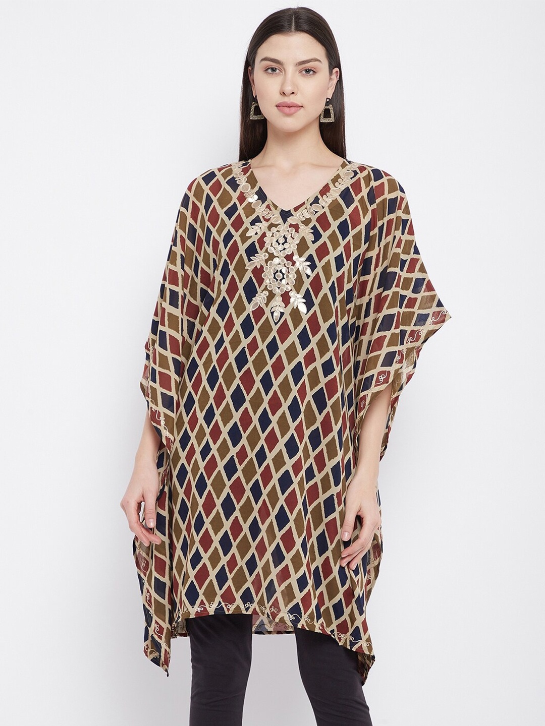 

Ruhaans Women Multicoloured Geometric Printed Kaftan Longline Top, Multi