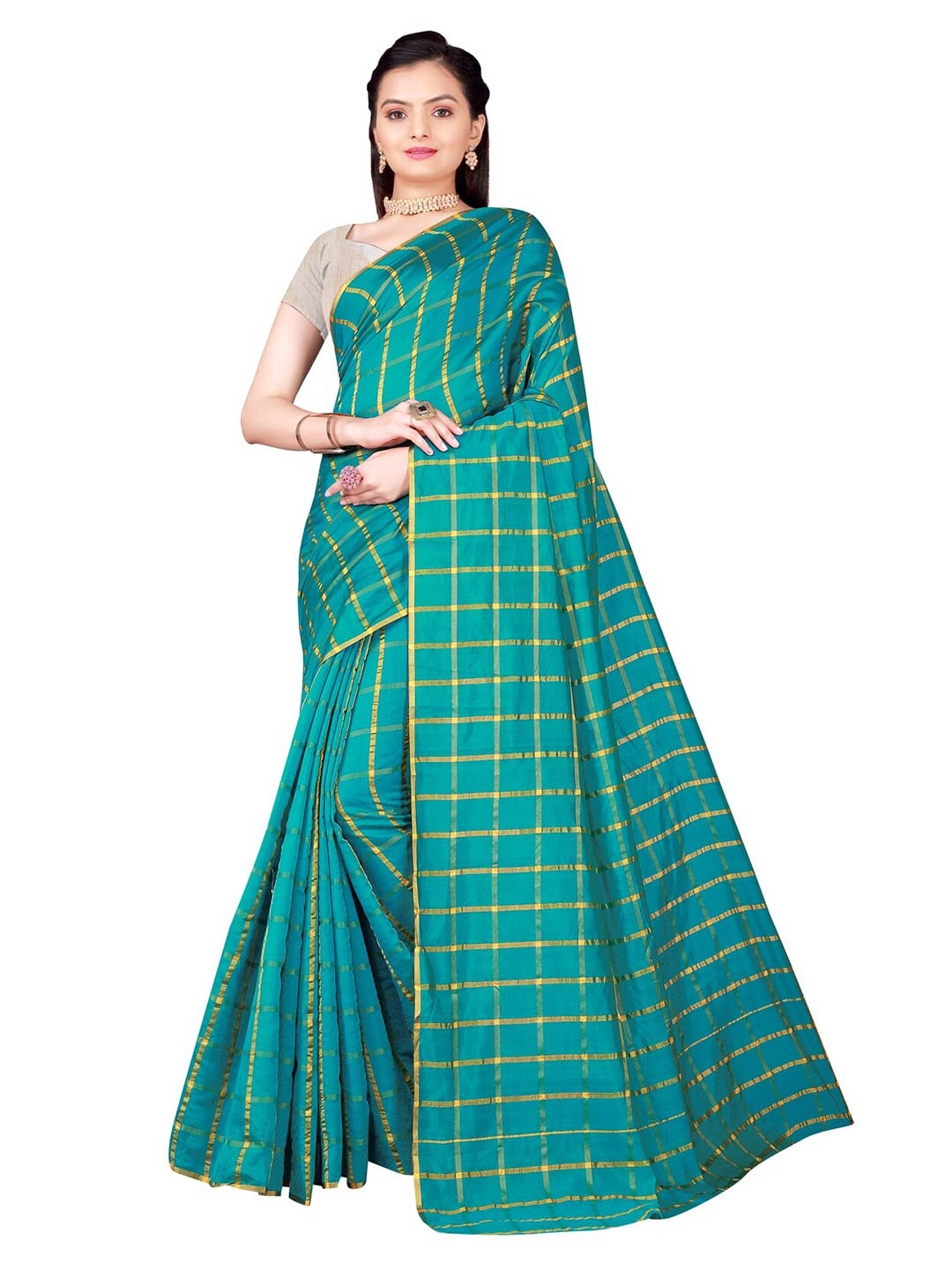

KALINI Teal Green & Gold-Toned Cotton Silk Checked Saree