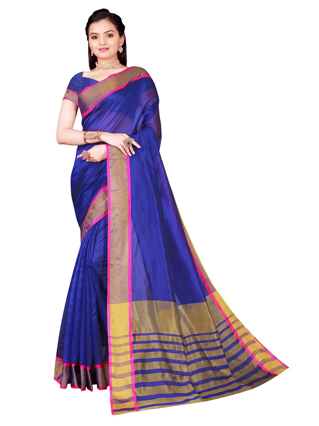 

KALINI Blue & Pink Zari Cotton Silk Saree