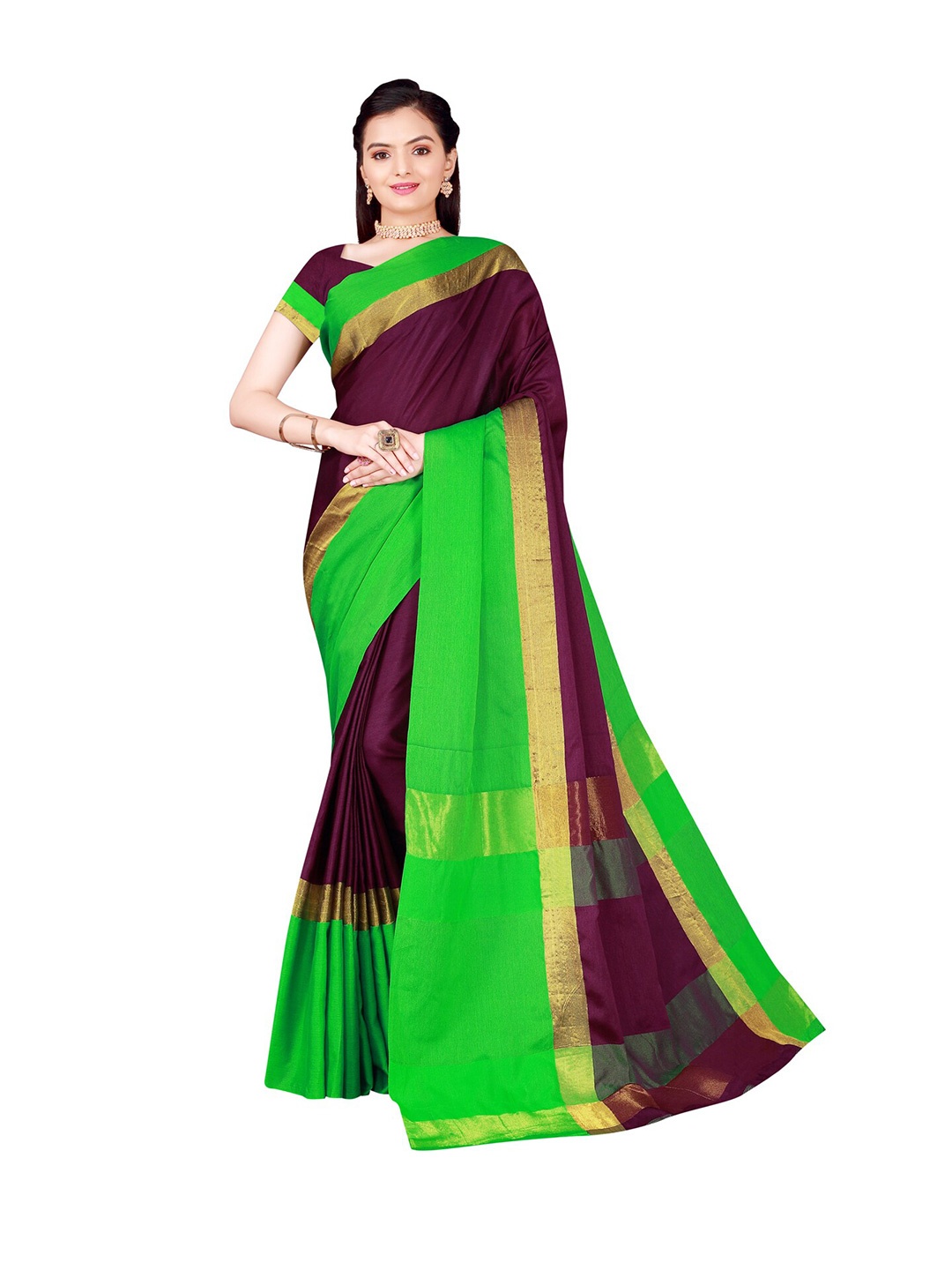 

KALINI Burgundy & Green Colourblocked Cotton Silk Saree