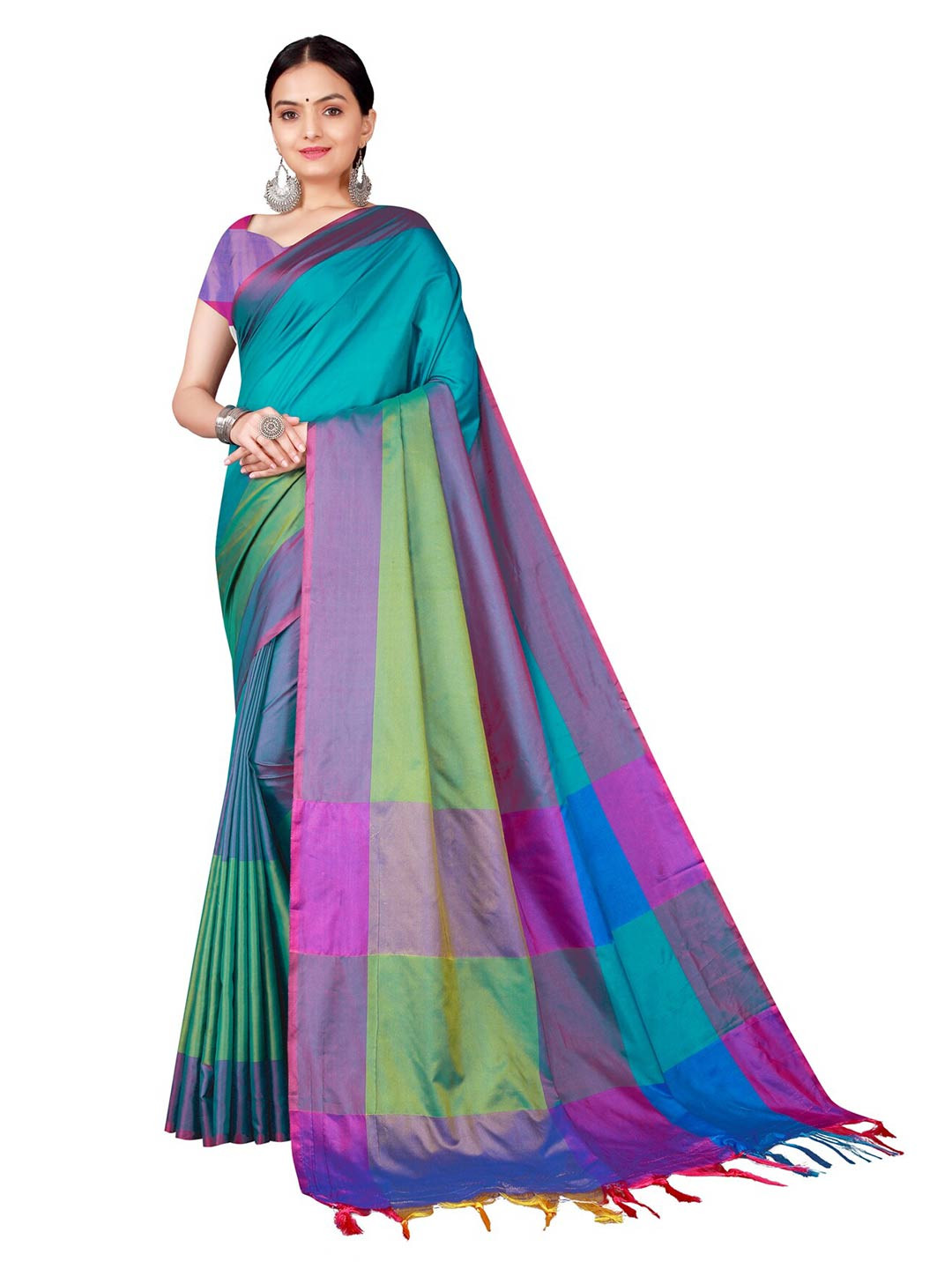

KALINI Blue & Green Colourblocked Silk Cotton Saree