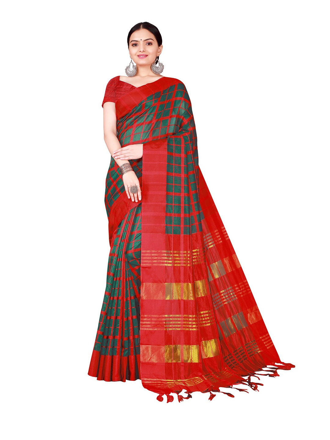 

KALINI Green & Red Checked Cotton Silk Saree