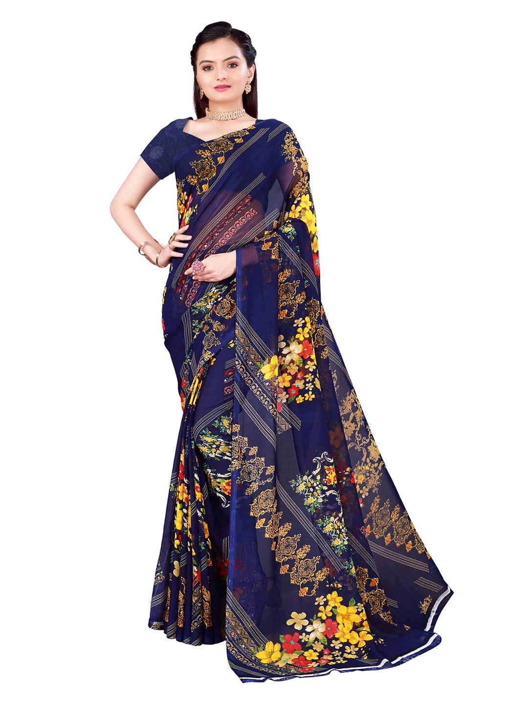 

KALINI Navy Blue & Red Floral Georgette Saree