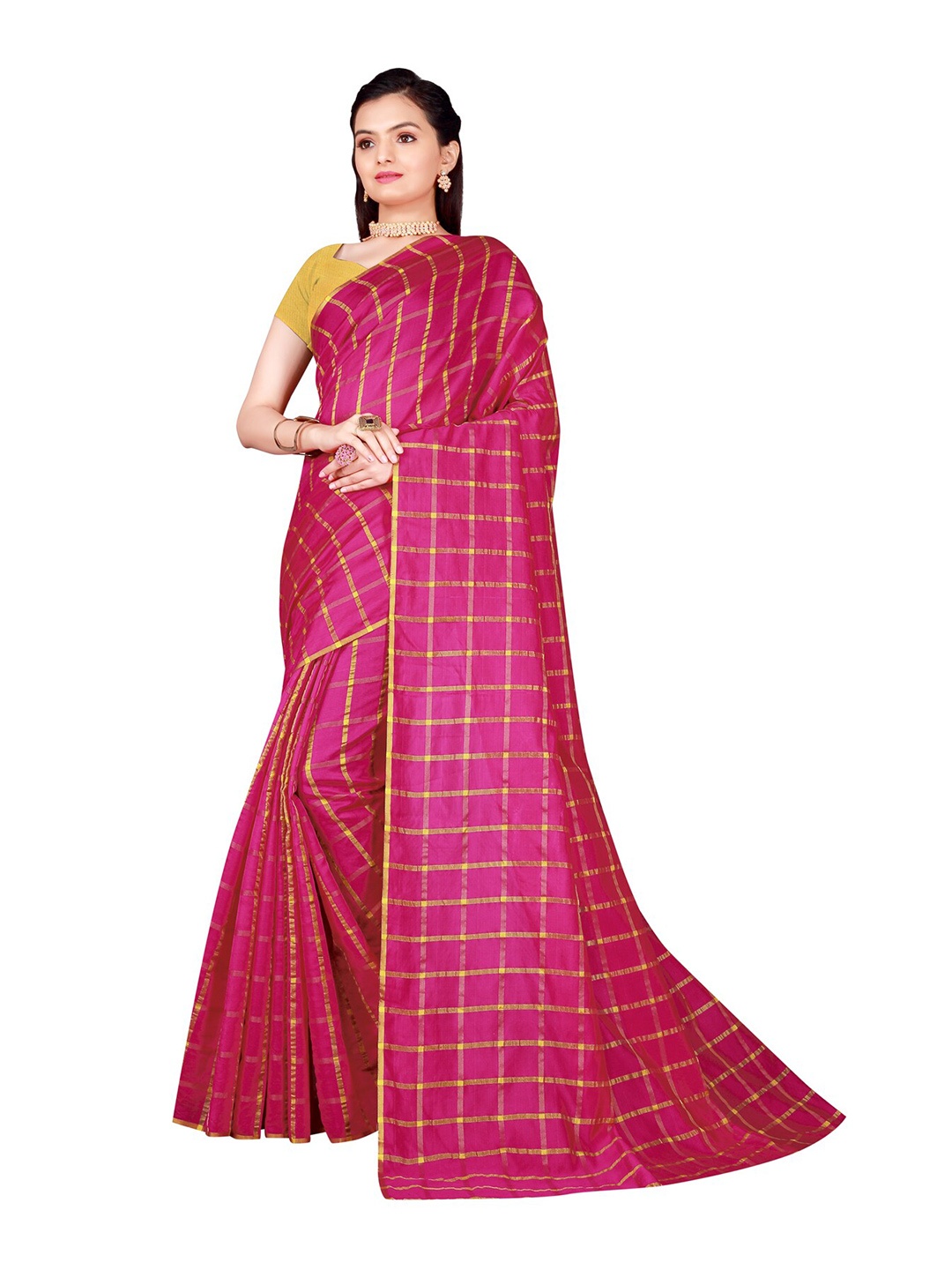 

KALINI Fuchsia & Gold-Toned Checked Cotton Silk Saree