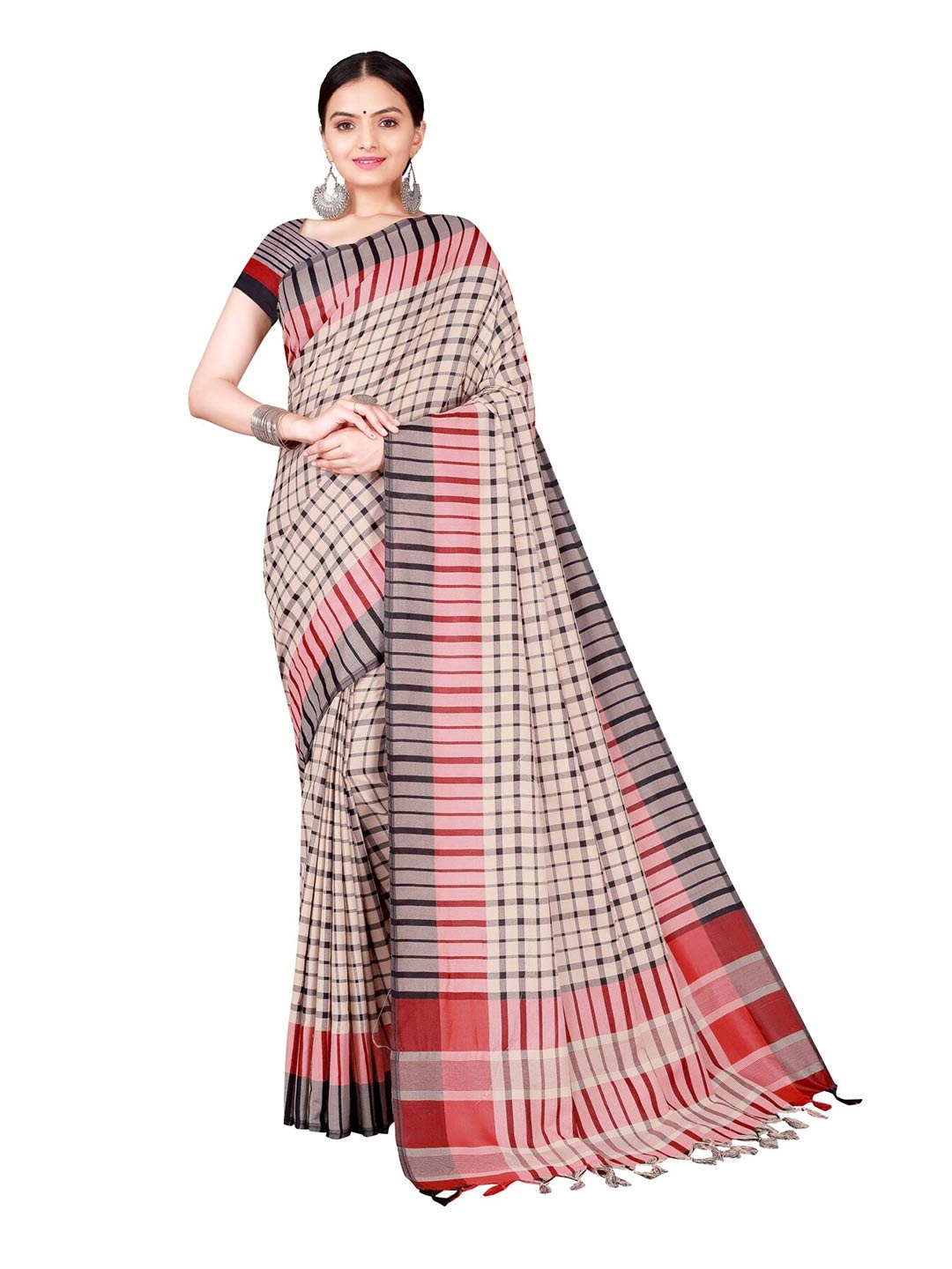 

KALINI Peach-Coloured & Red Checked Cotton Silk Saree