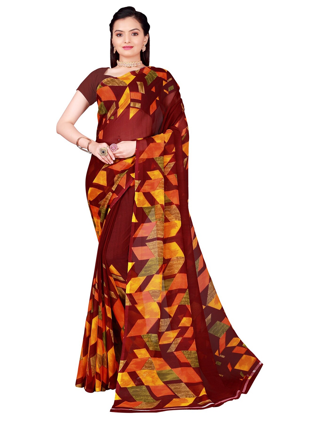 

KALINI Maroon & Yellow Printed Georgette Saree