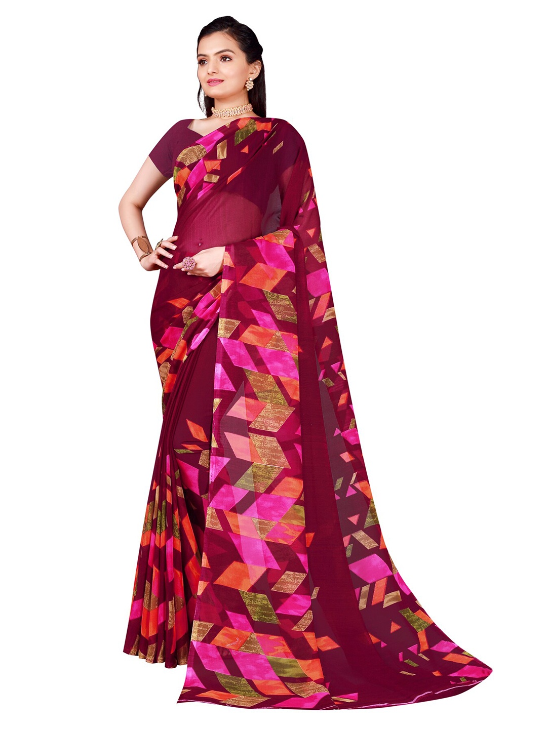 

KALINI Maroon & Pink Printed Georgette Saree