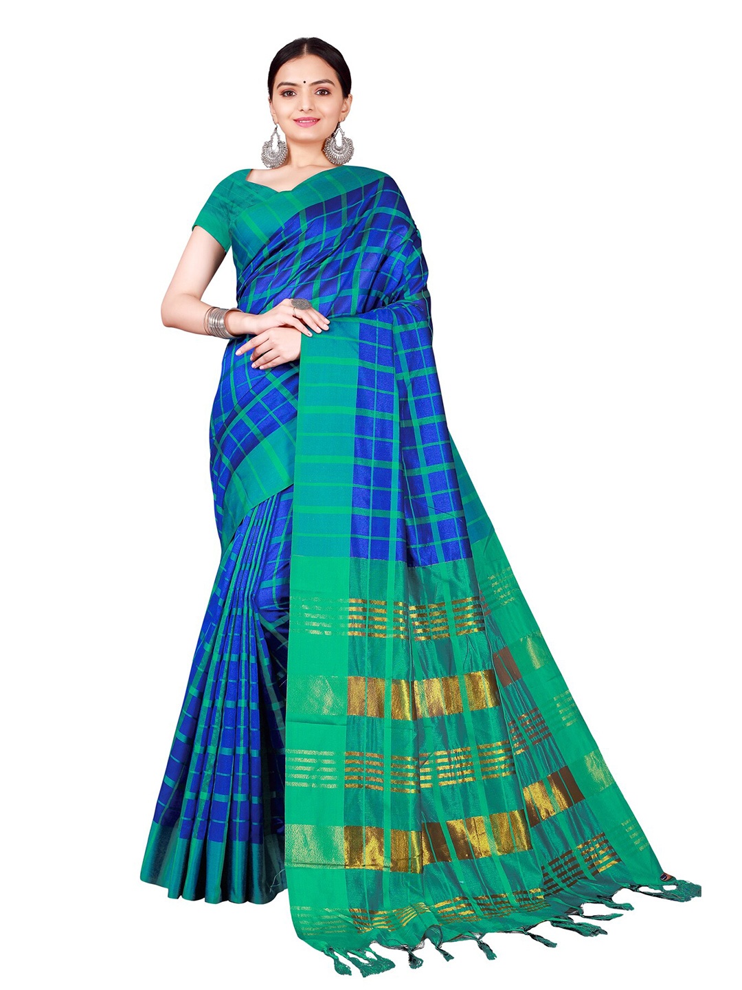 

KALINI Blue & Green Checked Silk Cotton Saree